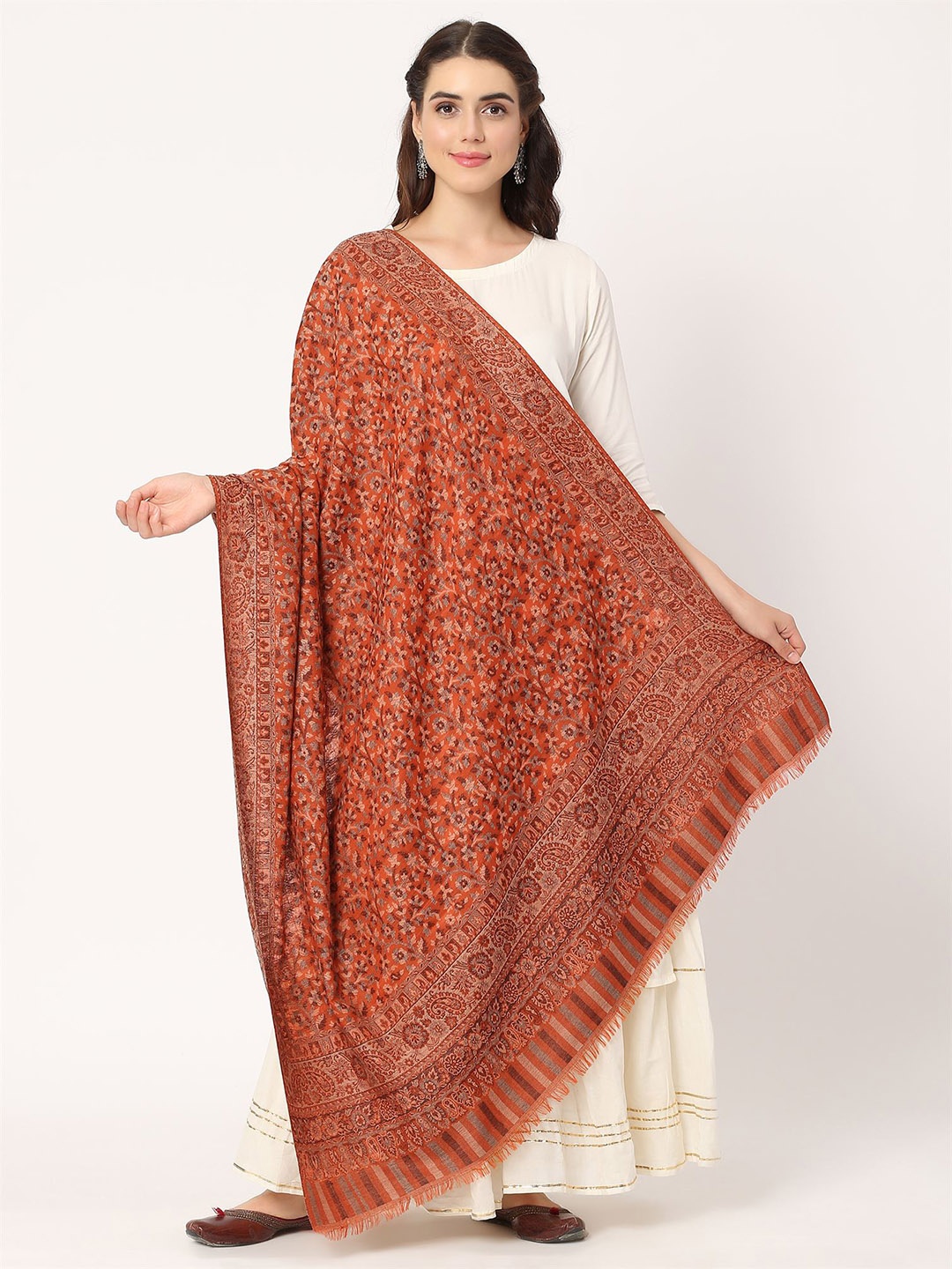 

Moda Chales Women Floral Woven Design Woollen Shawl, Orange