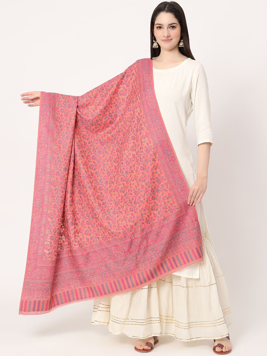 

Moda Chales Women Floral Woven Design Woollen Shawl, Peach