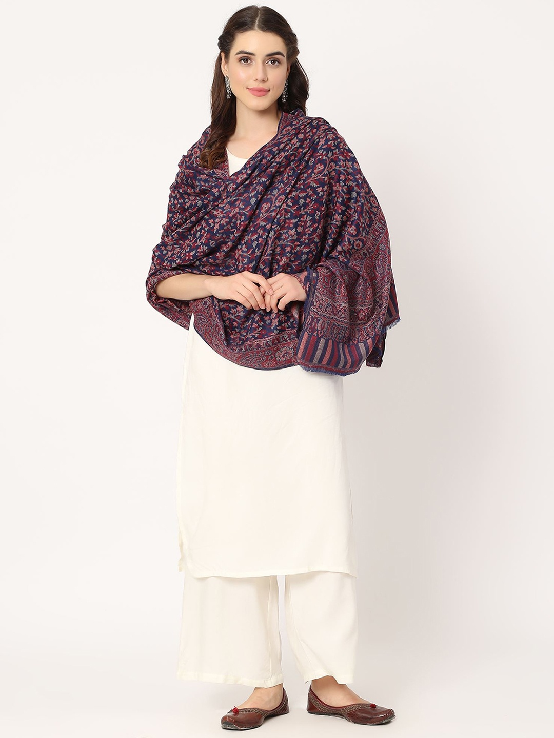 

Moda Chales Floral Woven Design Pure Woolen Shawl, Blue