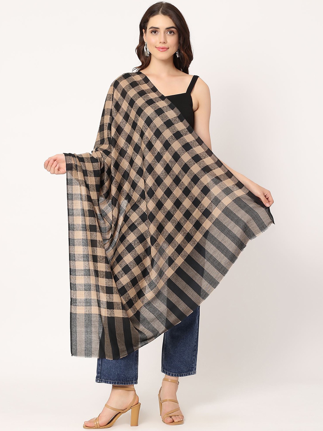 

Moda Chales Woven Design Checked Lightweight Pure Wool Shawl, Black