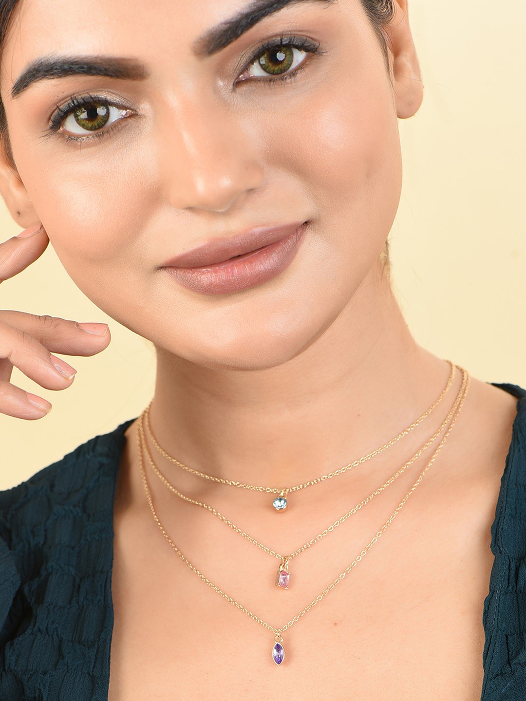 

ToniQ Gold Plated Artificial Stones Statement Layered Necklace
