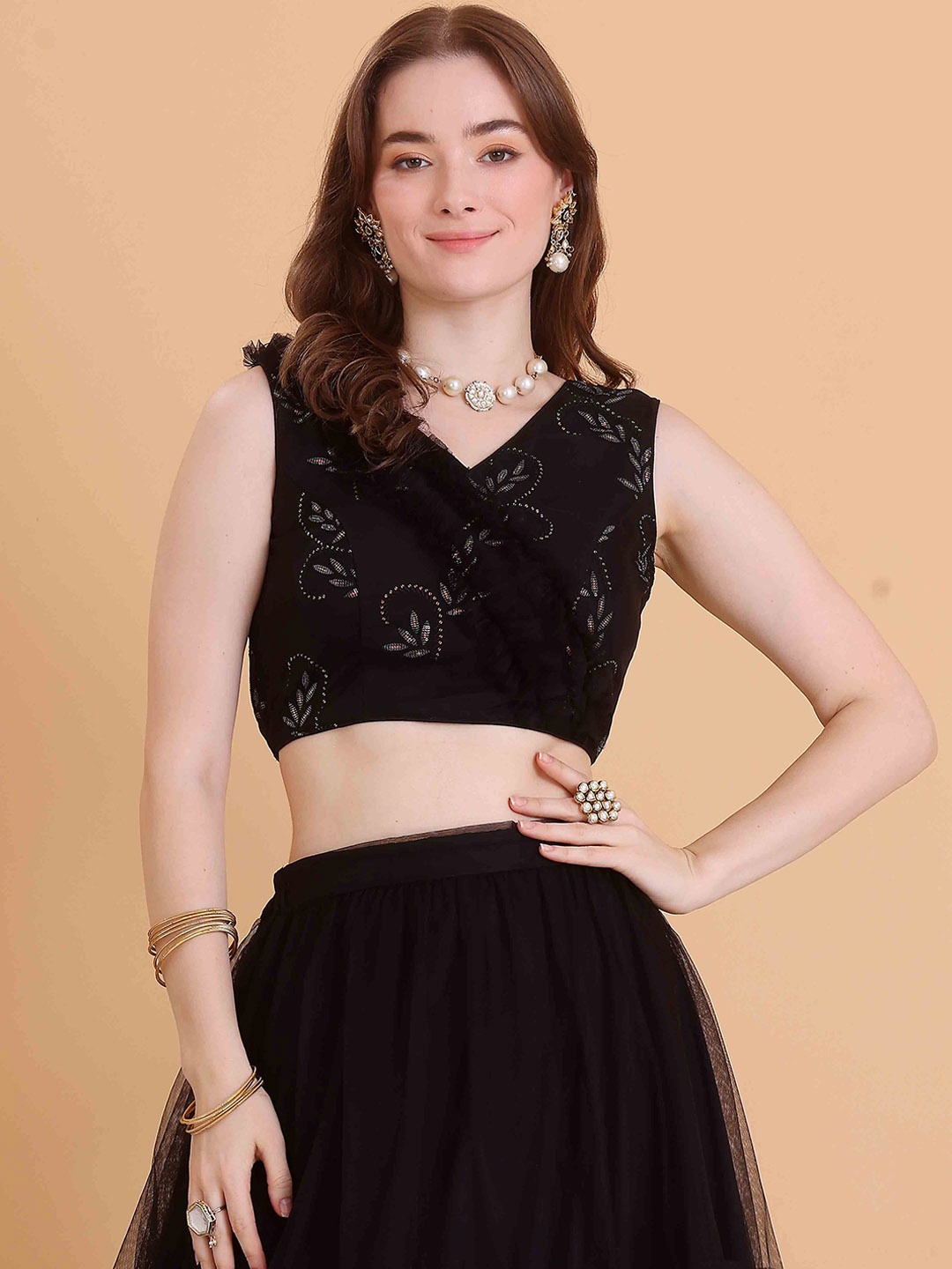 

Ethnovog Embroidered V-Neck Sleeveless Organza Saree Blouse, Black