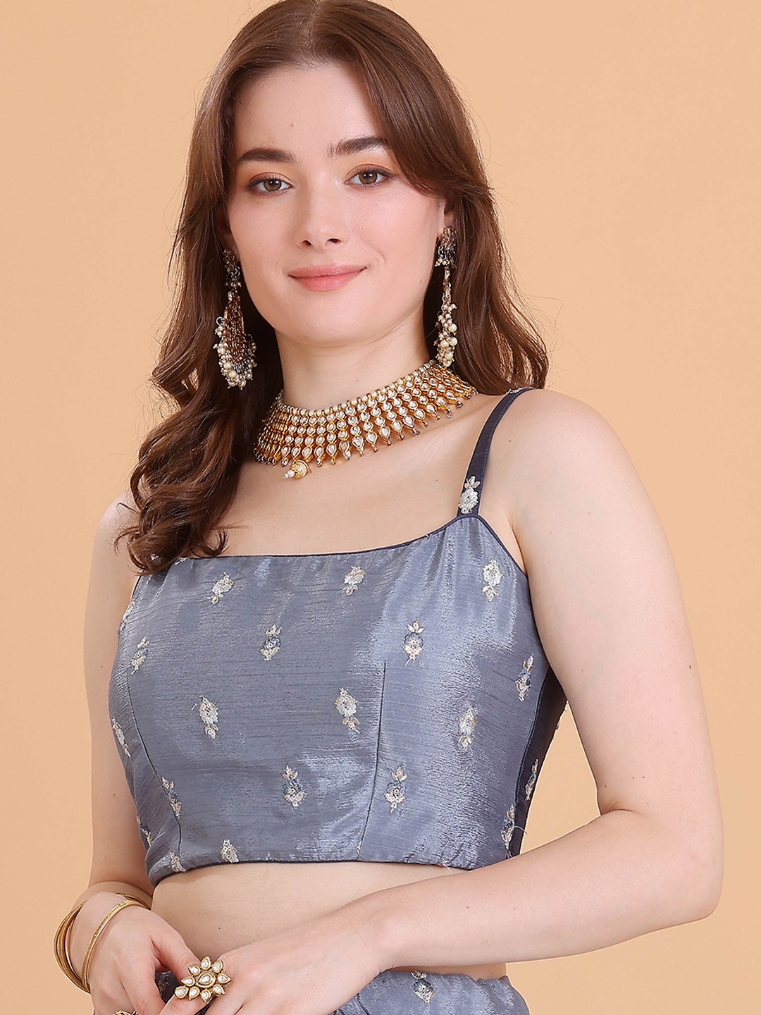 

Ethnovog Chinon Embroidered Shoulder Strap Saree Blouse, Grey