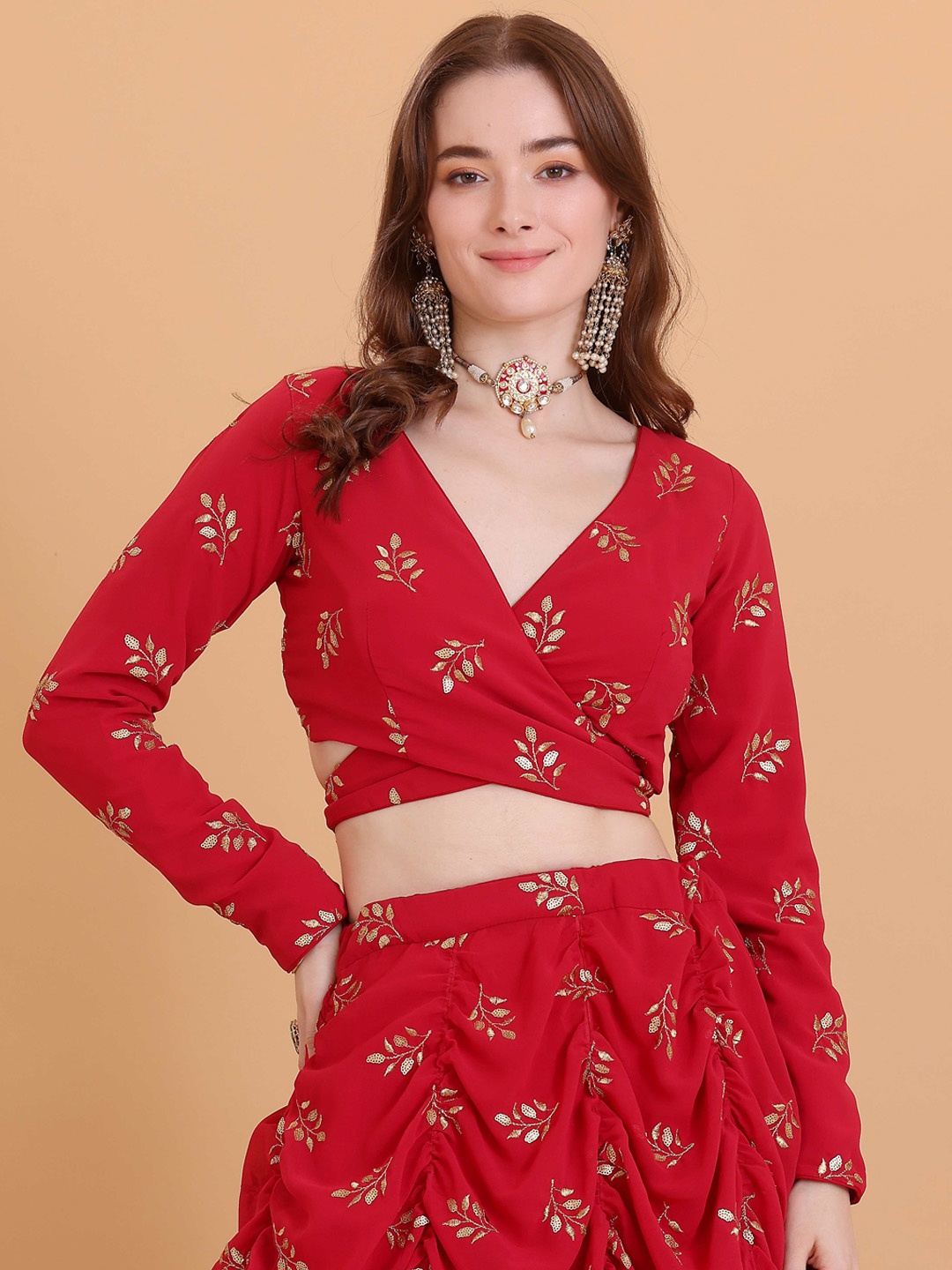 

Ethnovog Embroidered V-Neck Long Sleeve Silk Saree Blouse, Red