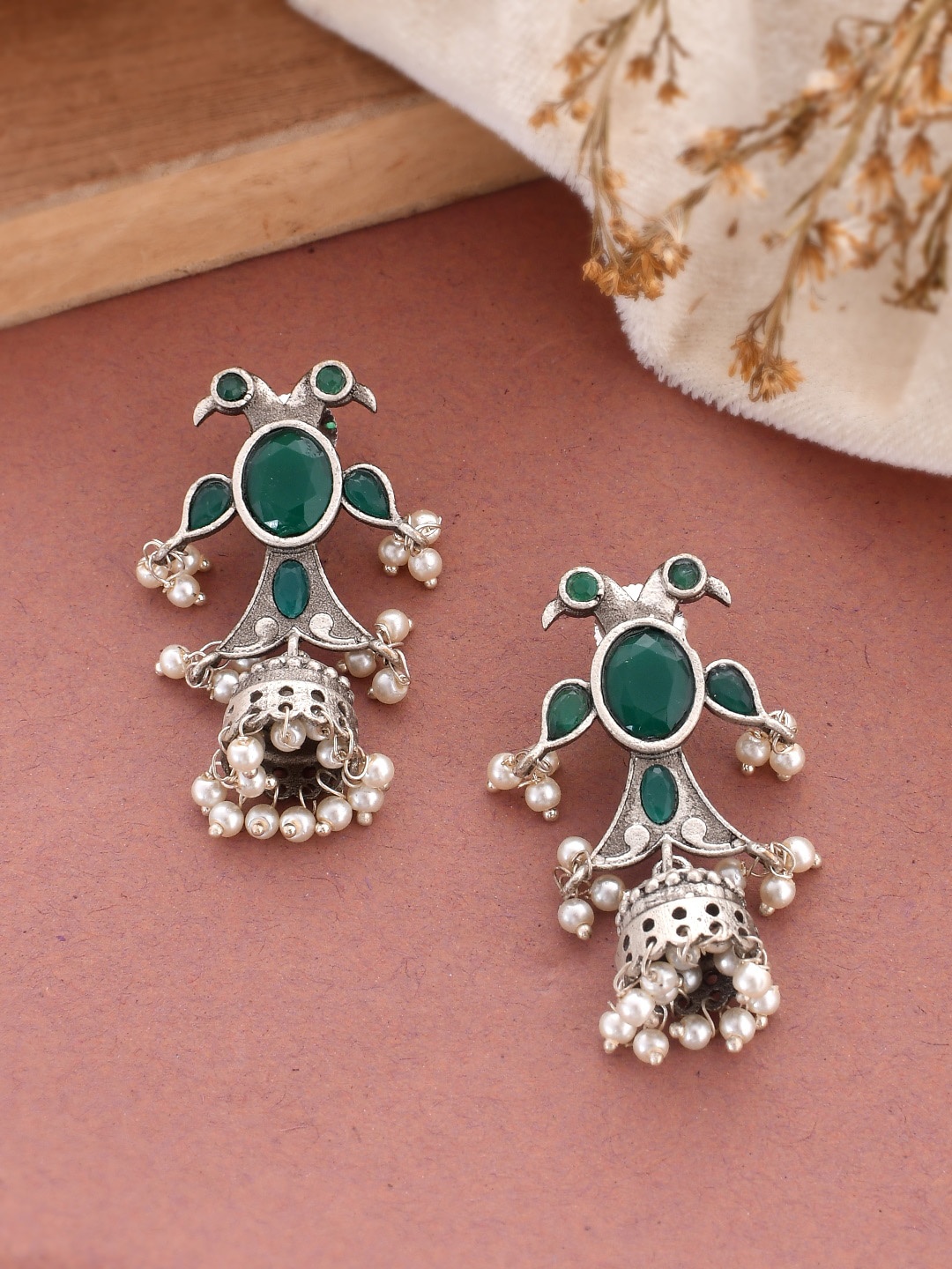 

DASTOOR Silver-Plated Oxidised Contemporary Studded Jhumkas