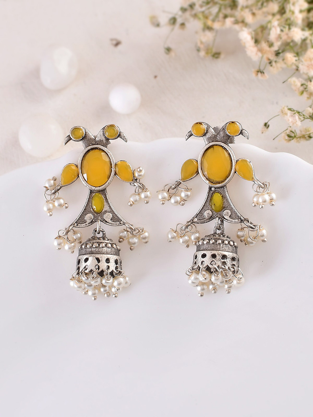 

DASTOOR Silver-Plated Oxidised Contemporary Studded Jhumkas
