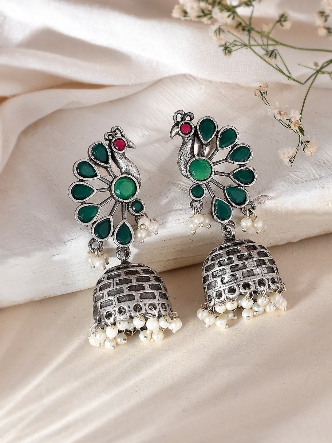 

DASTOOR Silver-Toned Contemporary Jhumkas Earrings