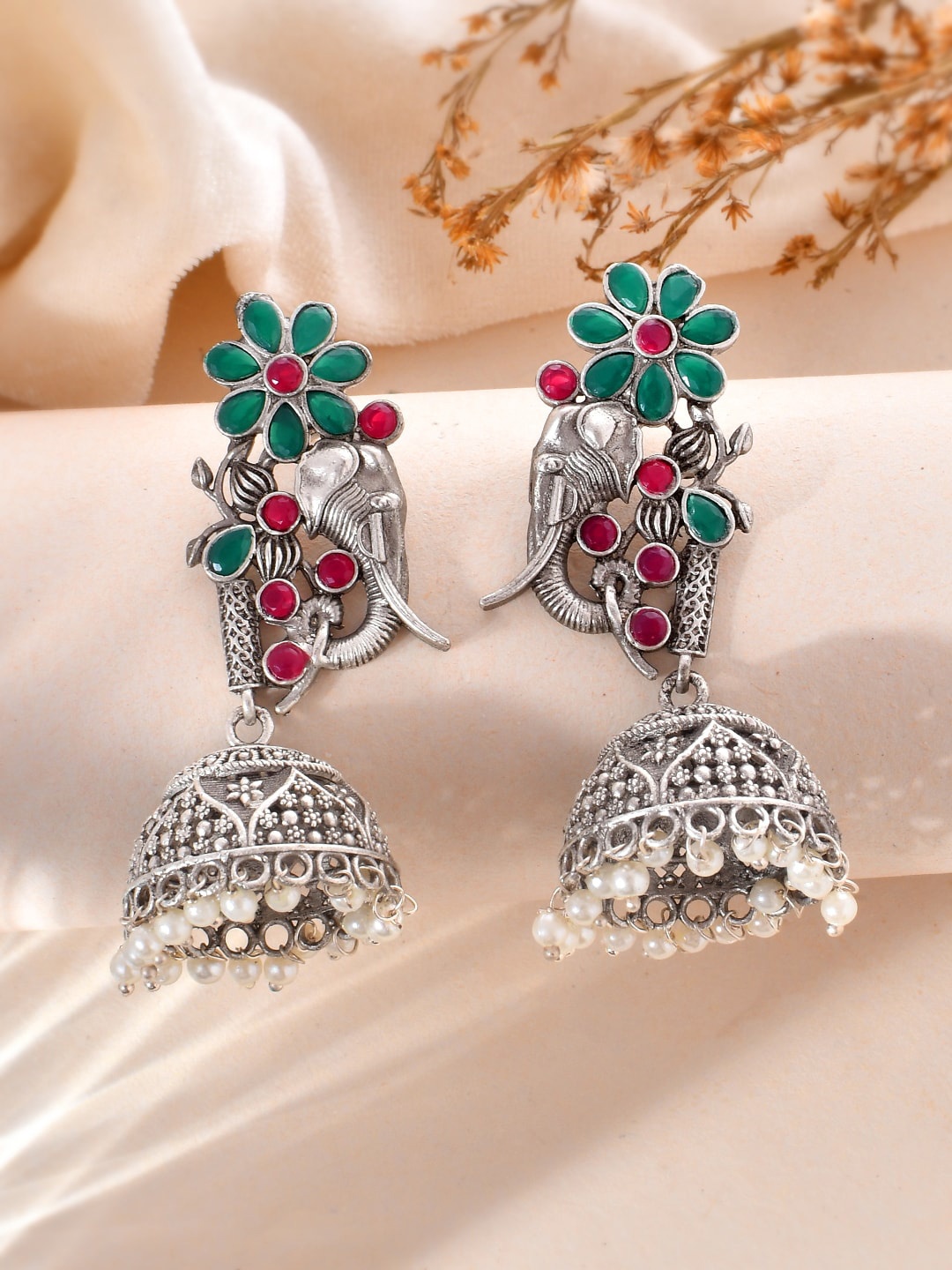 

DASTOOR Silver-Plated Contemporary Oxidised Jhumkas
