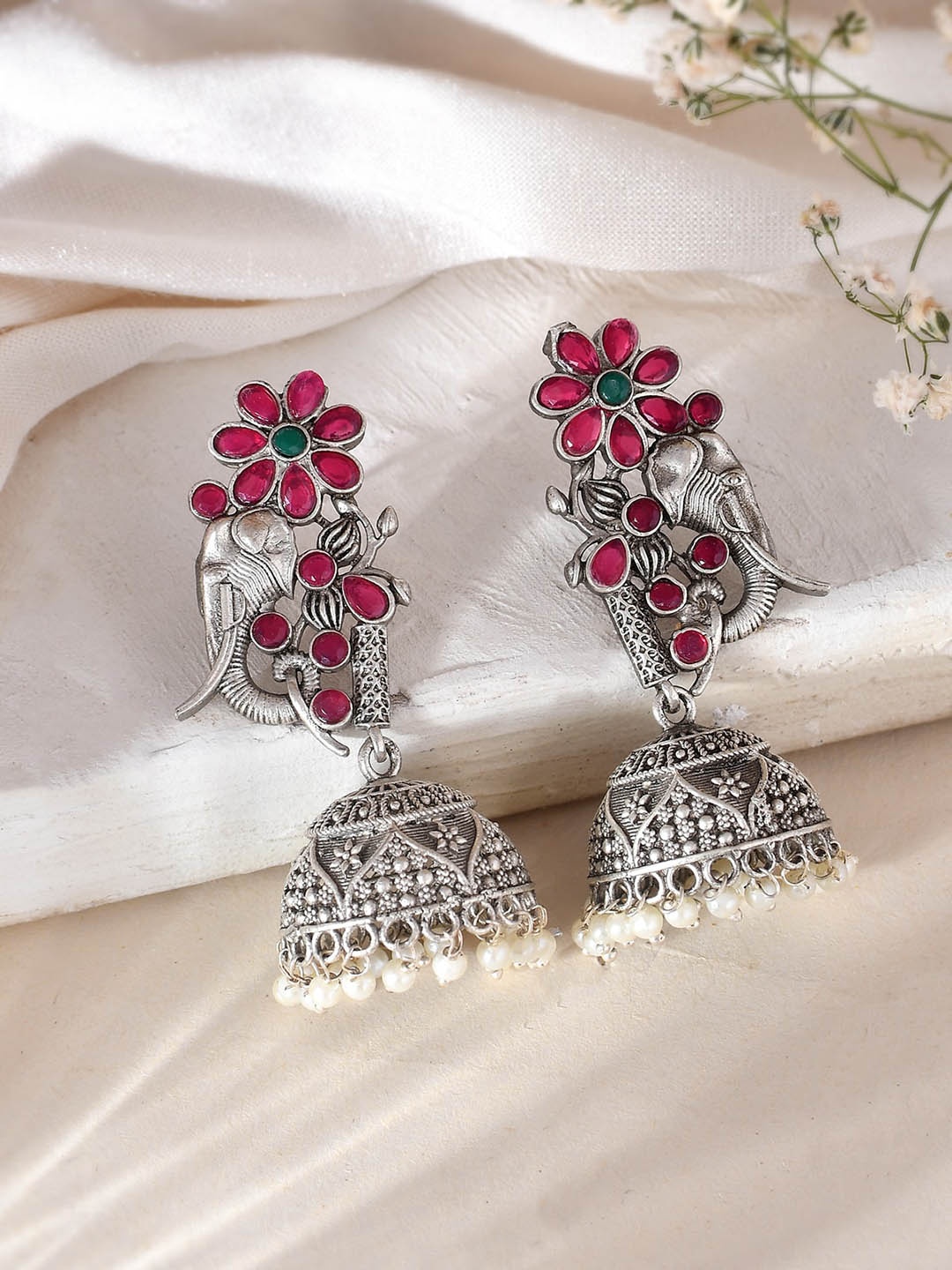 

DASTOOR Silver-Plated Contemporary Oxidised Jhumkas