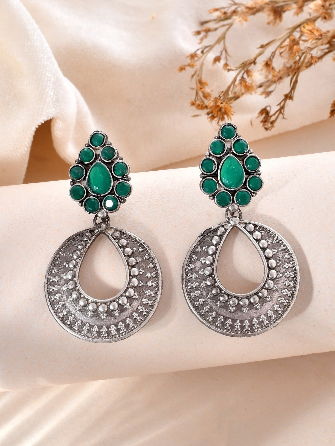 

DASTOOR Silver-Plated Contemporary Oxidised Drop Earrings