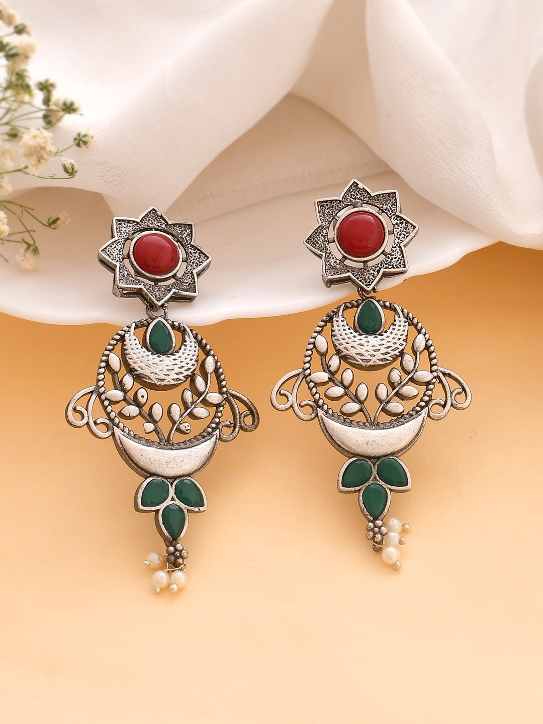 

DASTOOR Silver-Plated Contemporary Oxidised Drop Earrings