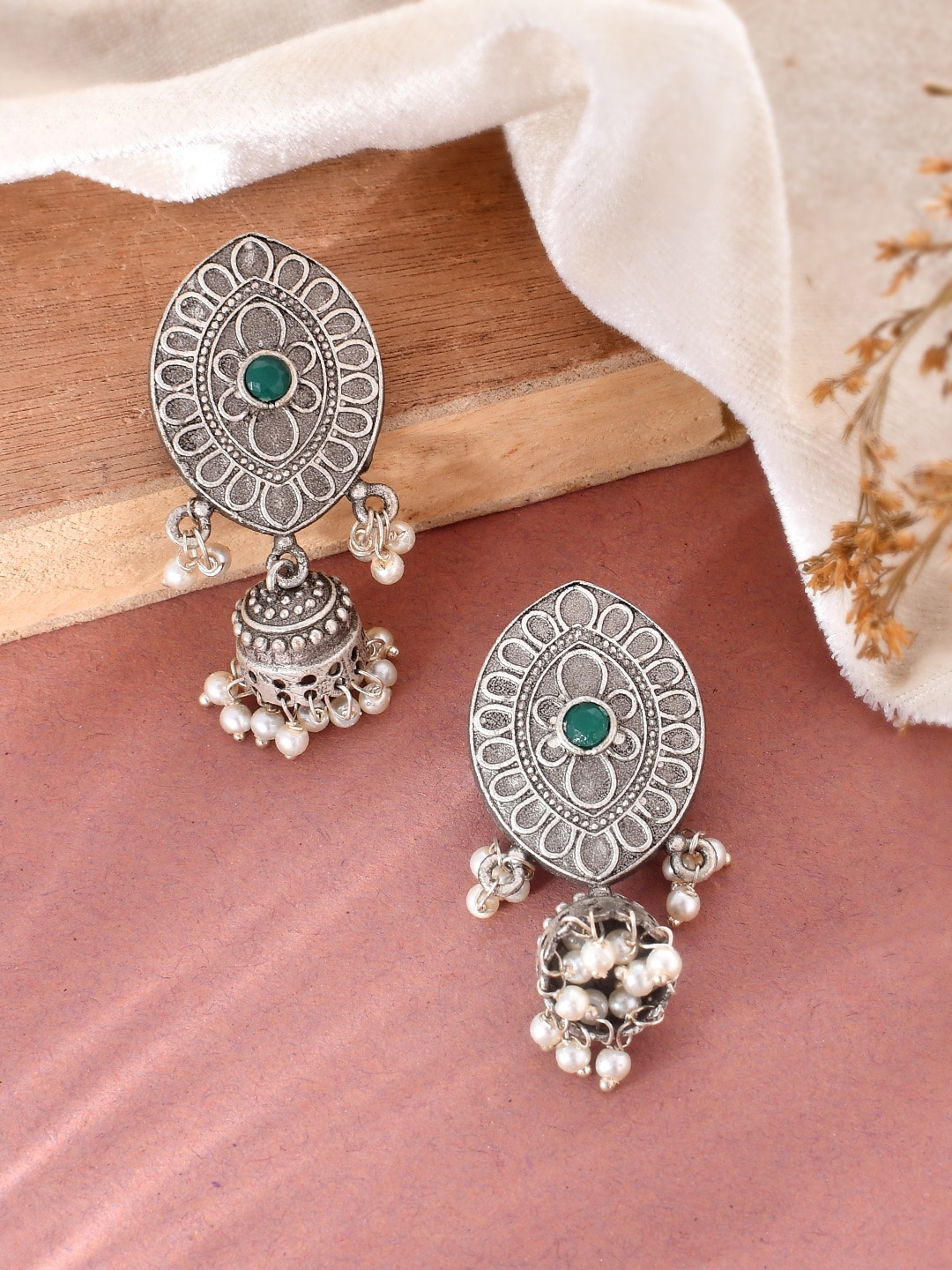 

DASTOOR Silver-Plated Dome Shaped Jhumkas