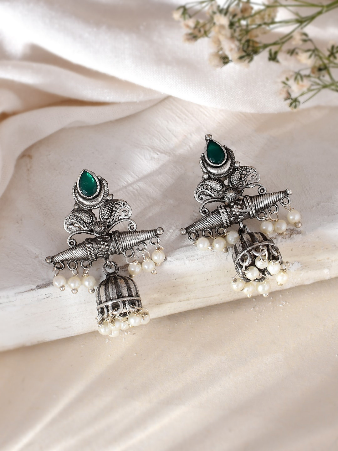 

DASTOOR Silver-Plated Dome Shaped Jhumkas