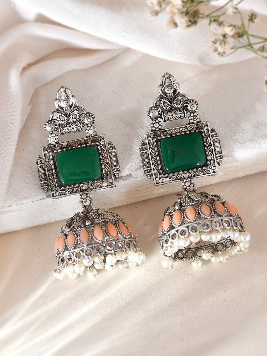 

DASTOOR Silver-Plated Dome Shaped Jhumkas