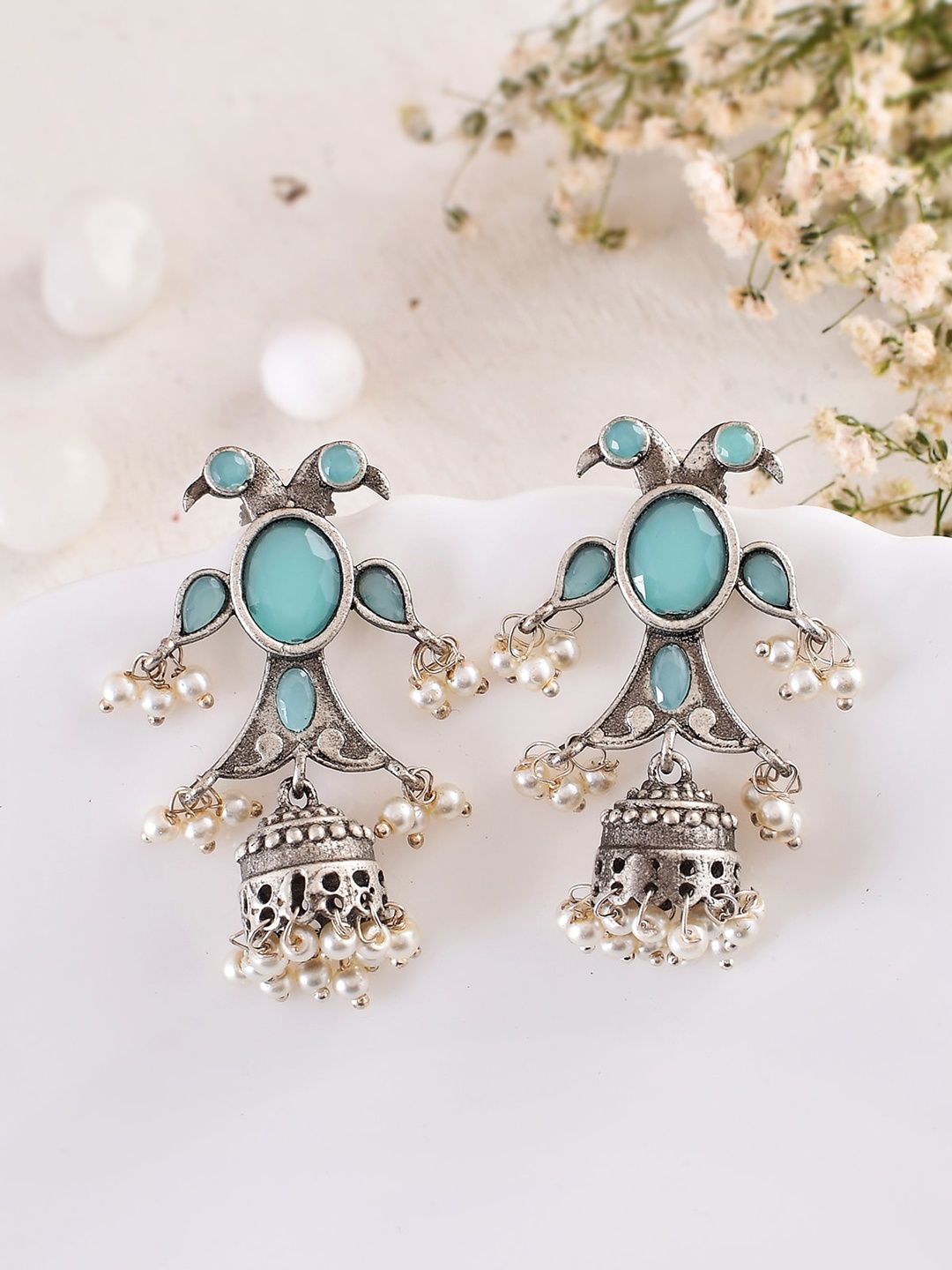 

DASTOOR Silver-Plated Dome Shaped Jhumkas
