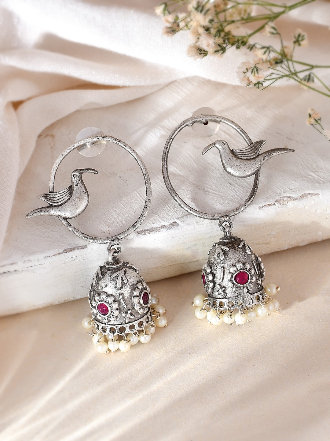 

DASTOOR Silver-Plated Contemporary Oxidised Jhumkas