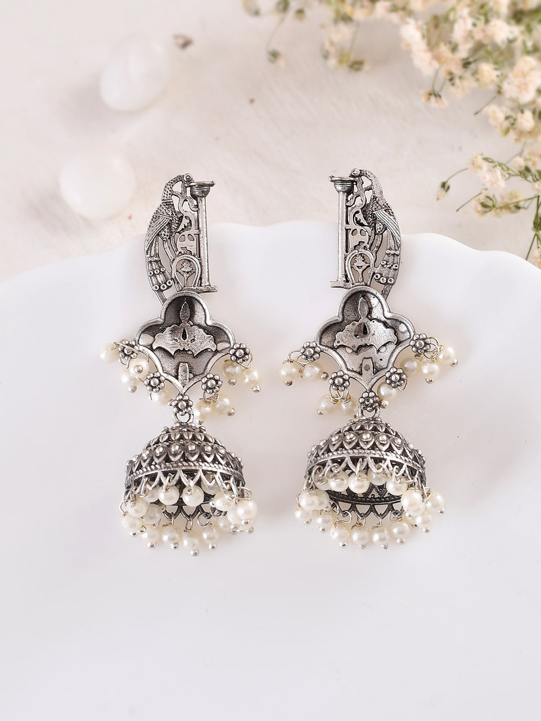 

DASTOOR Silver-Plated Contemporary Oxidised Jhumkas