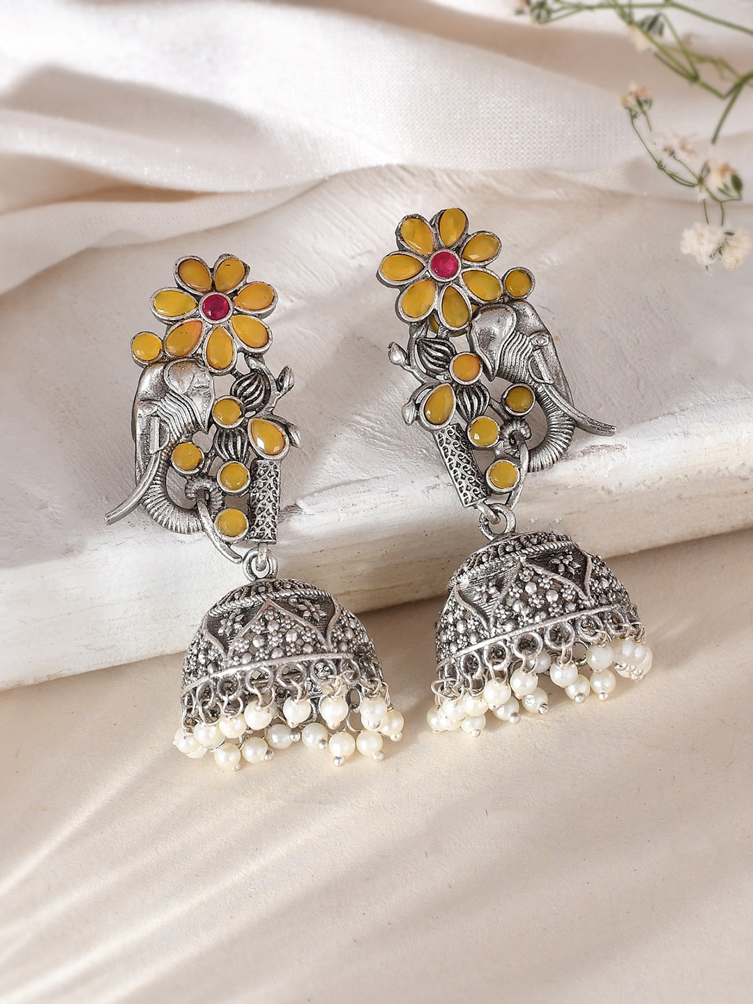 

DASTOOR Silver-Plated Oxidised Contemporary Jhumkas