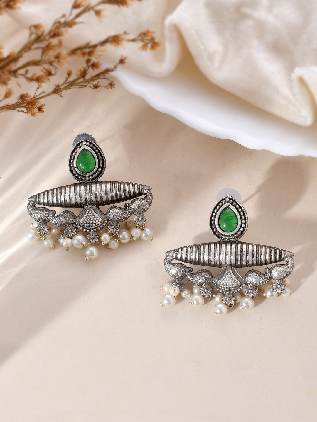 

DASTOOR Silver-Plated Contemporary Stone Studded Oxidised Drop Earrings