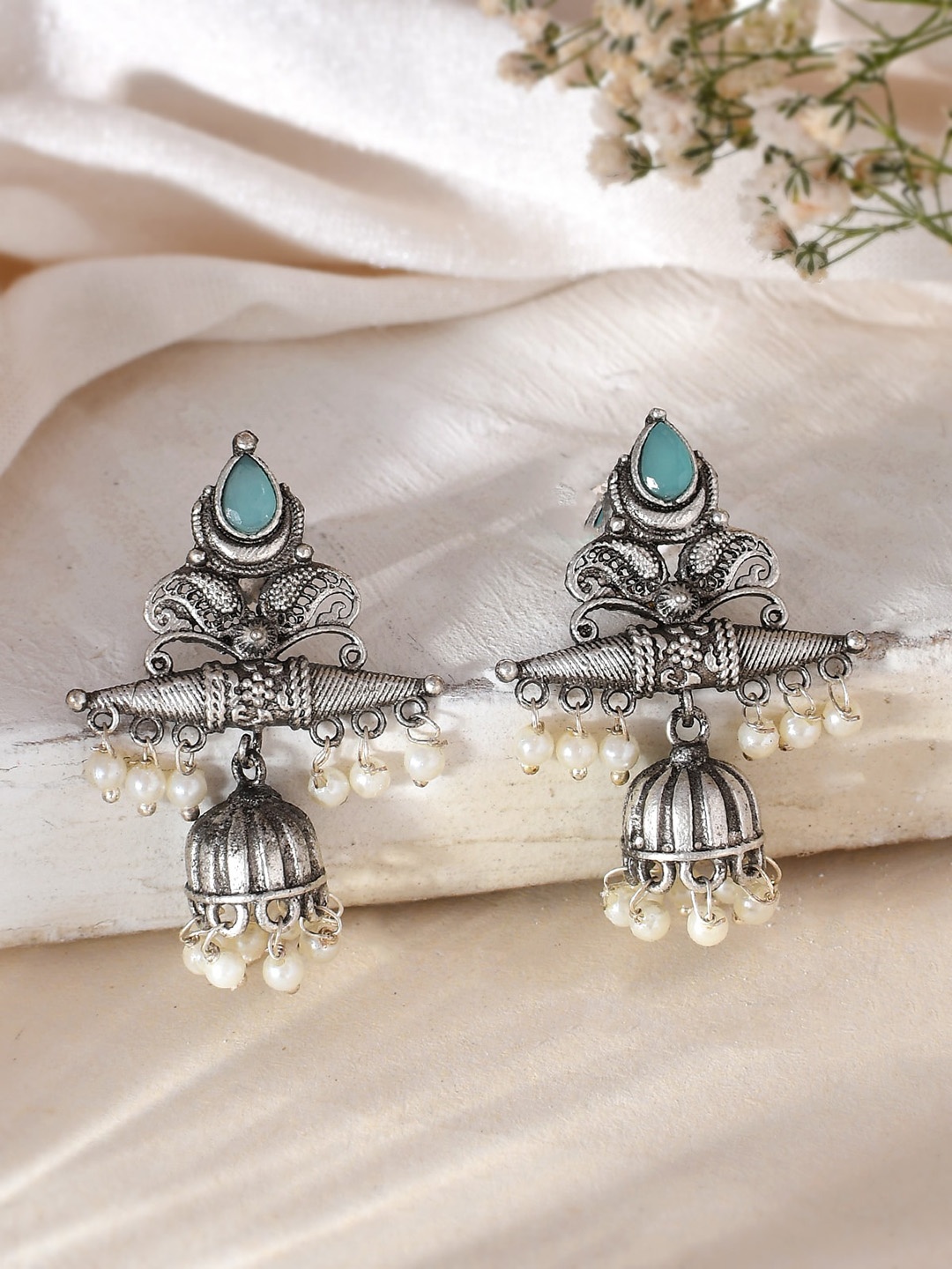

DASTOOR Silver-Plated Dome Shaped Jhumkas