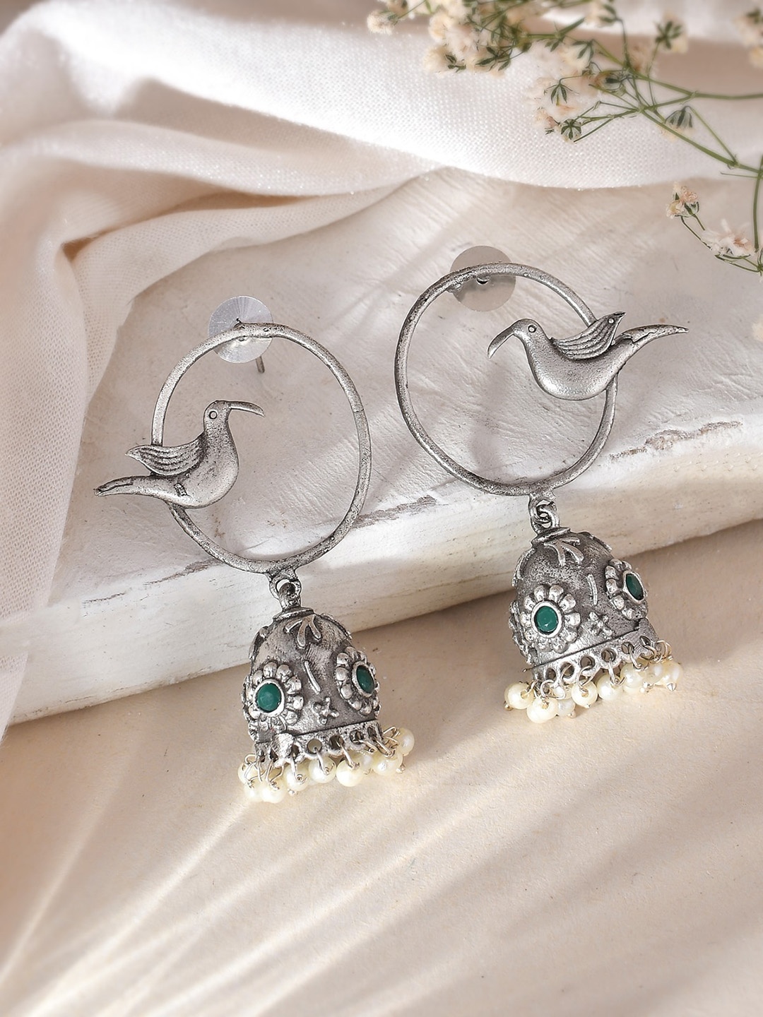 

DASTOOR Silver-Plated Oxidised Silver Animal Shaped Jhumkas