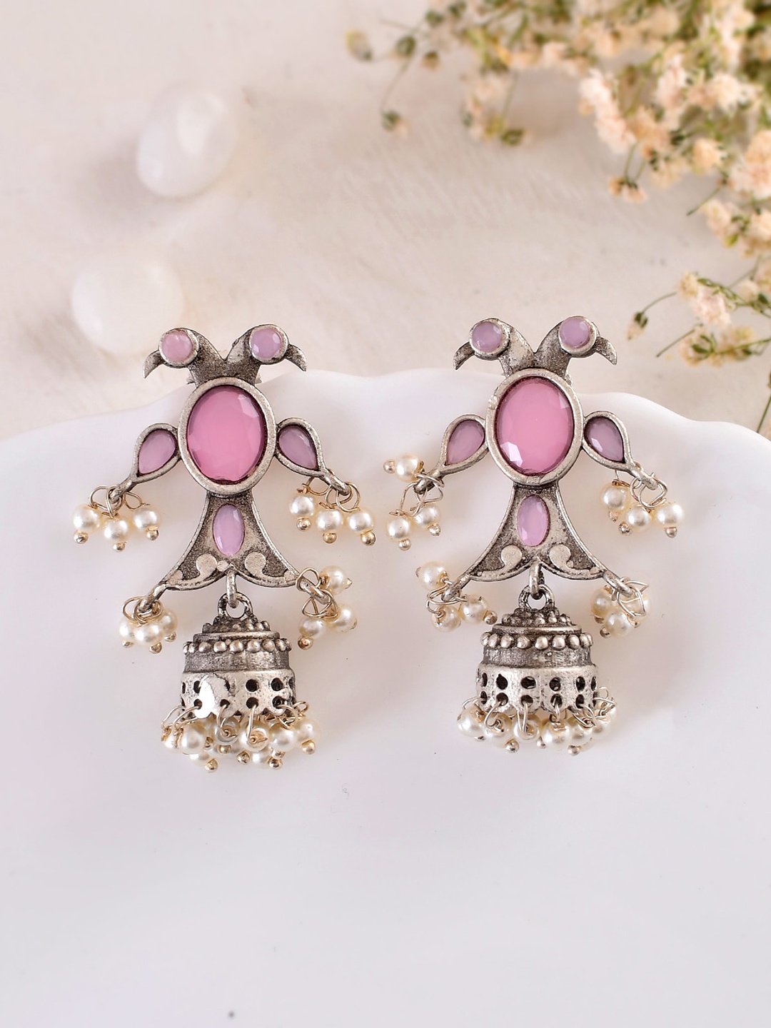 

DASTOOR Silver-Plated Dome Shaped Jhumkas