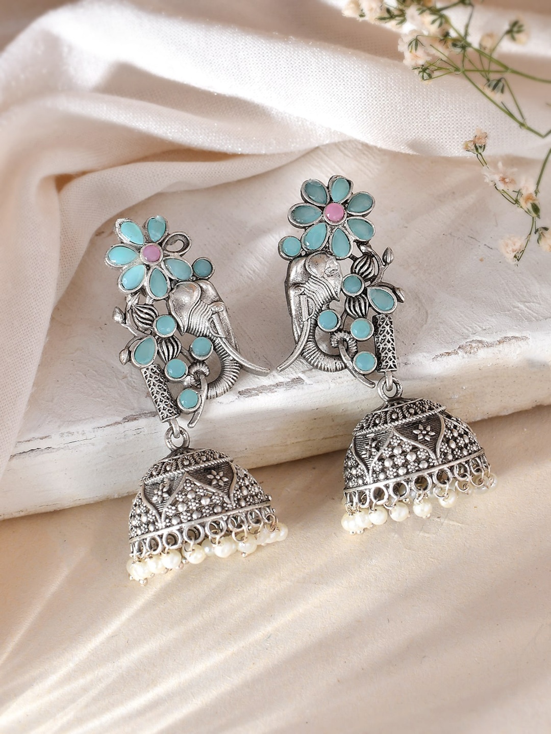 

DASTOOR Silver-Plated Contemporary Oxidised Jhumkas