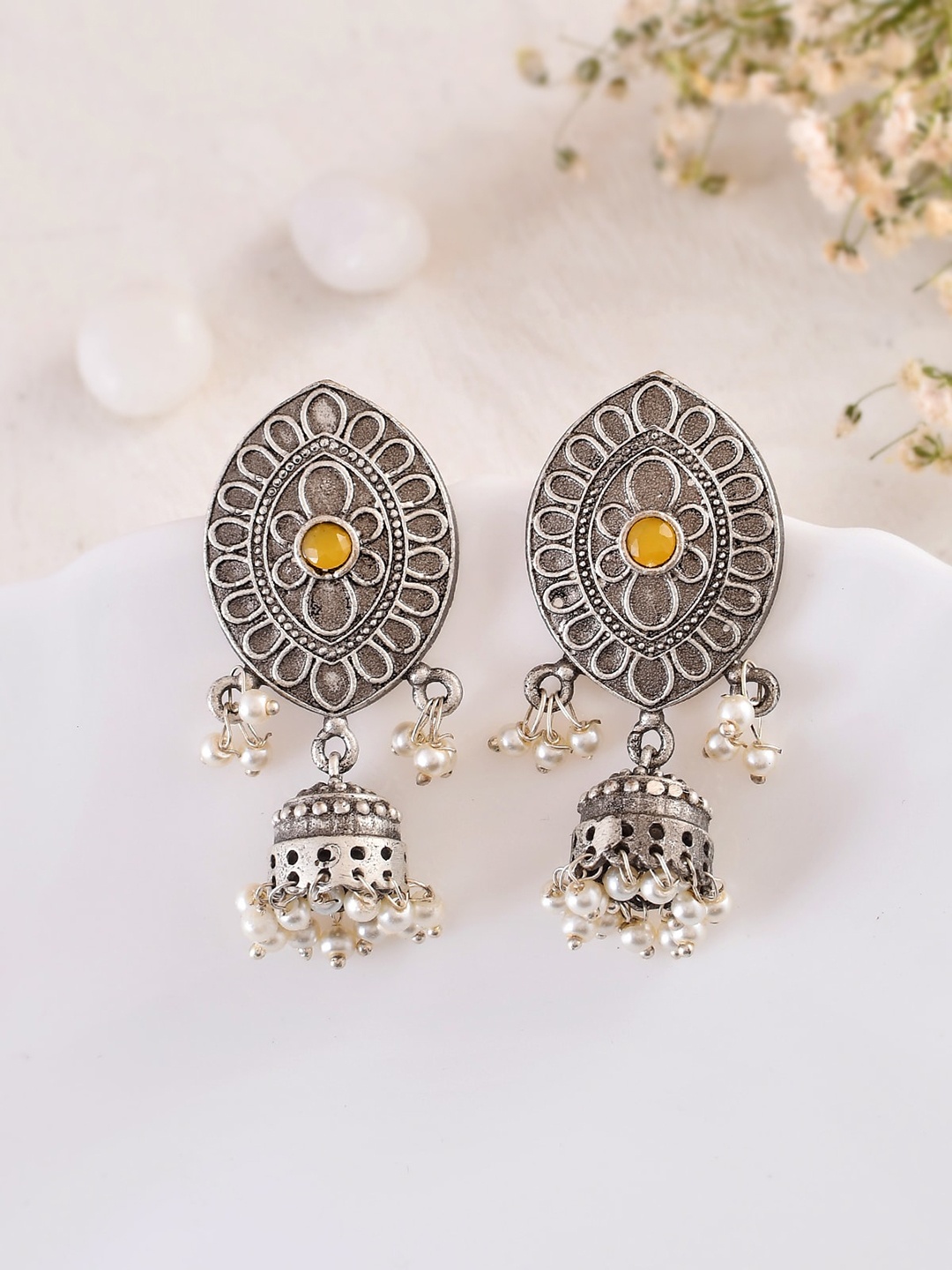

DASTOOR Silver-Plated Oxidised Jhumkas