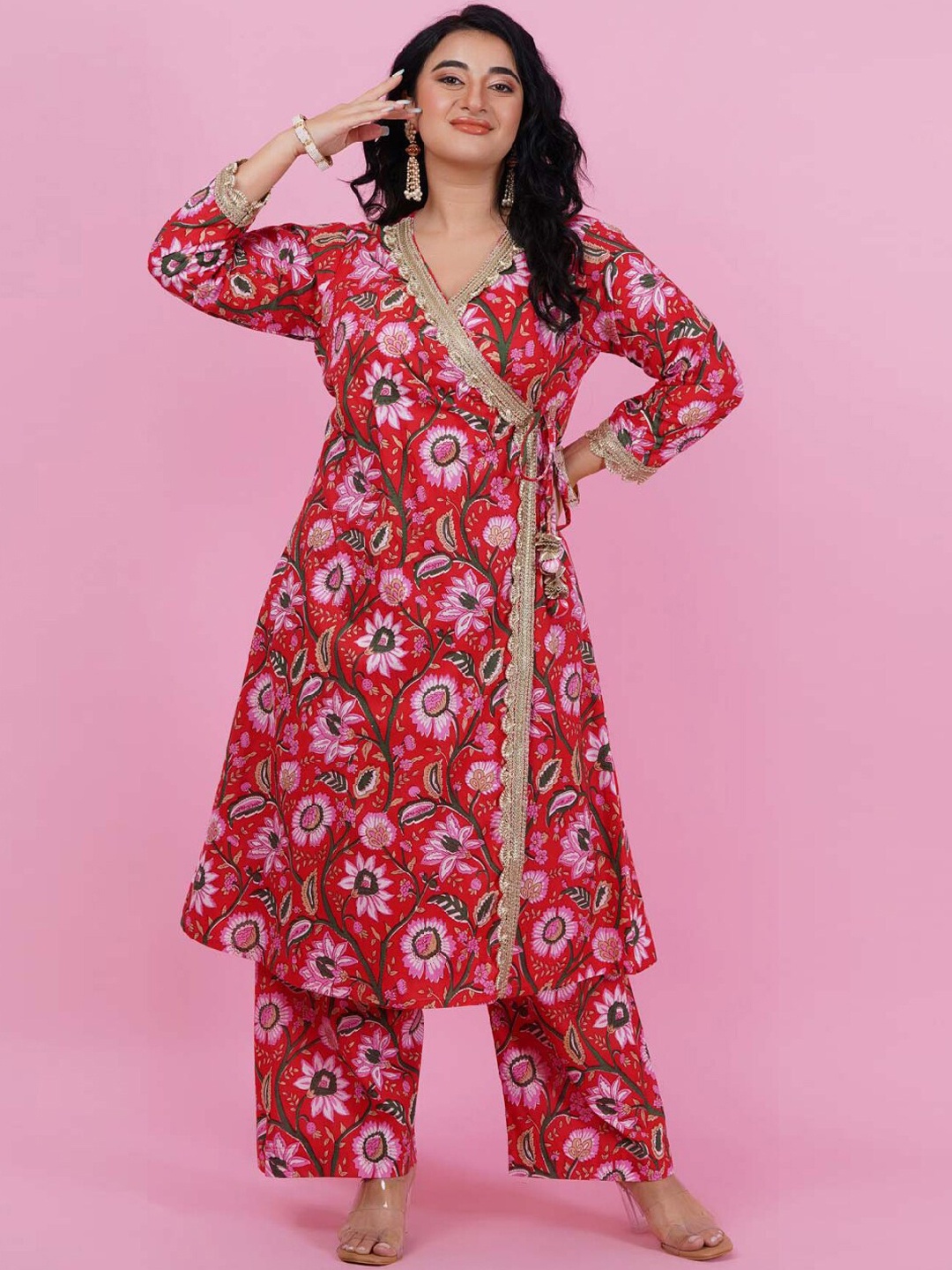 

LastInch Floral Printed Regular Gotta Patti Pure Cotton Kurta With Palazzos, Red