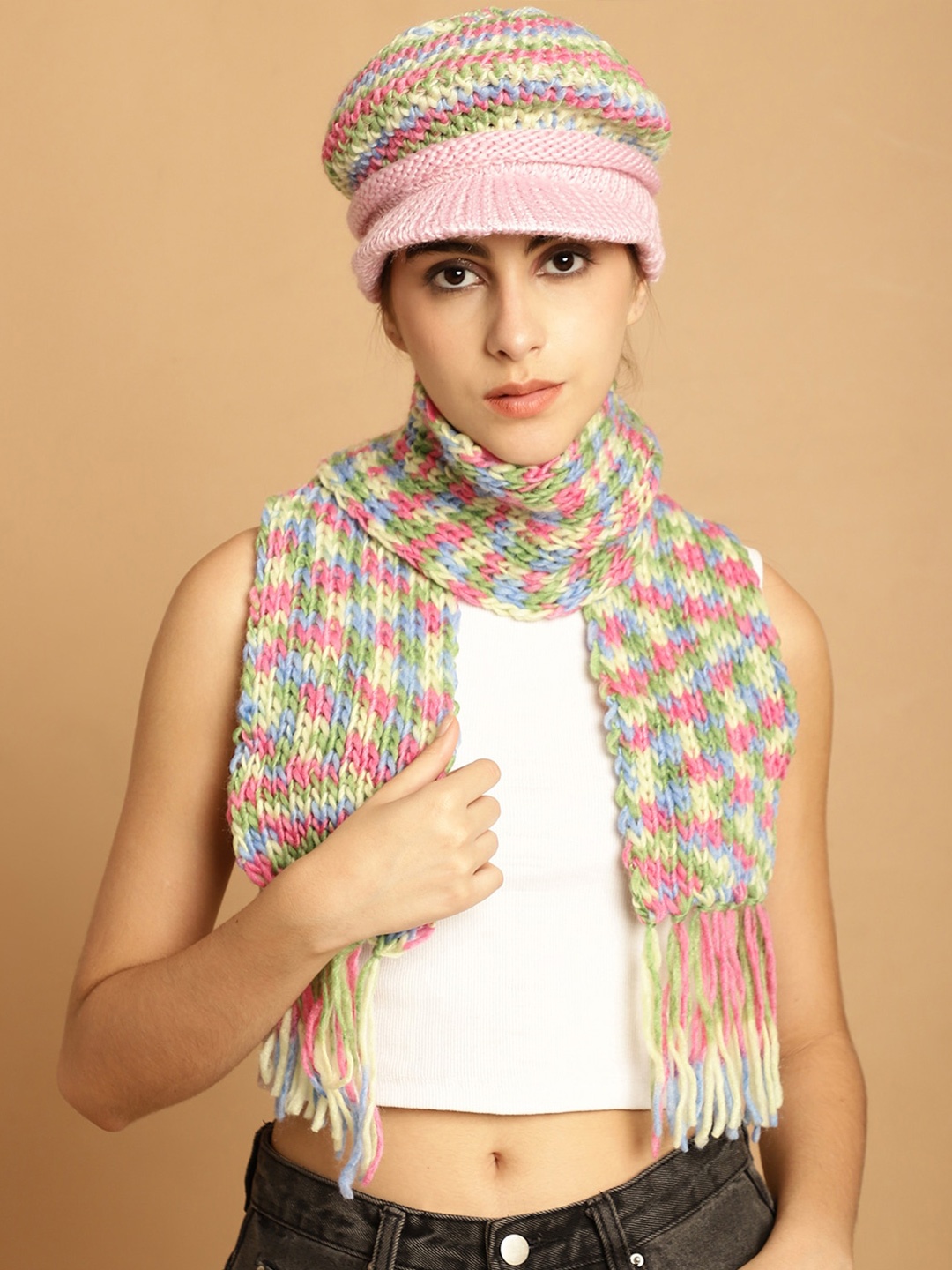 

LOOM LEGACY Women Self Design Acrylic Wool Visor Cap With Muffler, Green