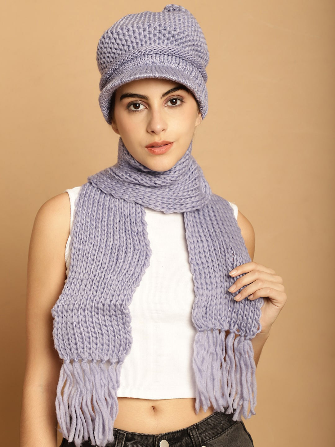 

LOOM LEGACY Women Acrylic Winter Visor Cap With Muffler, Grey