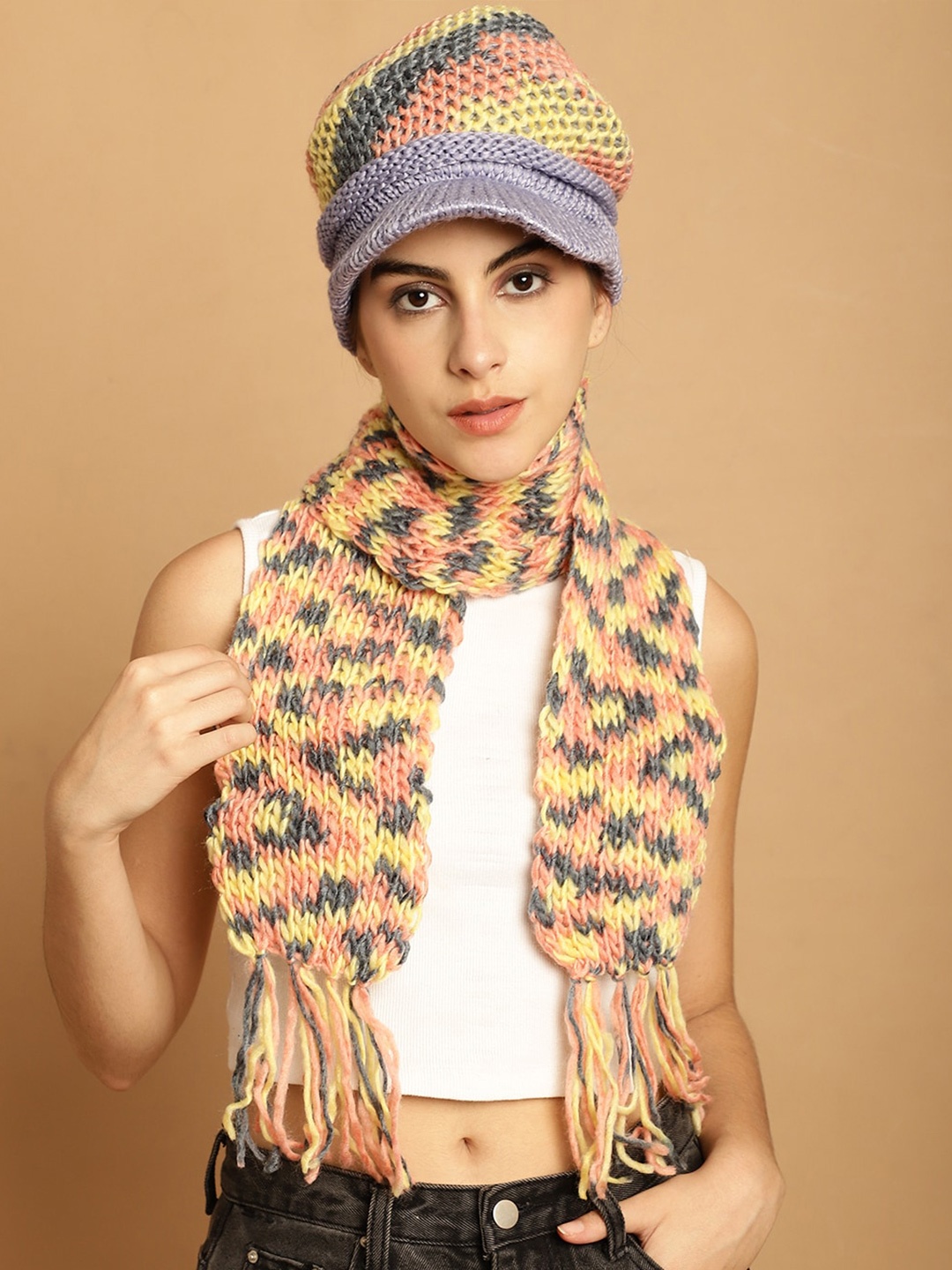 

LOOM LEGACY Women Acrylic Winter Visor Cap With Muffler, Yellow
