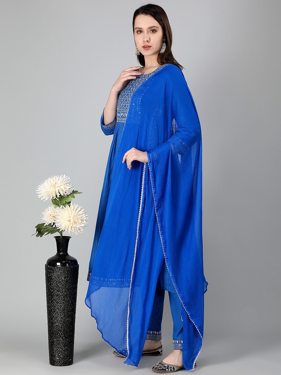 

misbis Floral Yoke Design Pleated Sequinned Kurta With Trousers & Dupatta, Blue