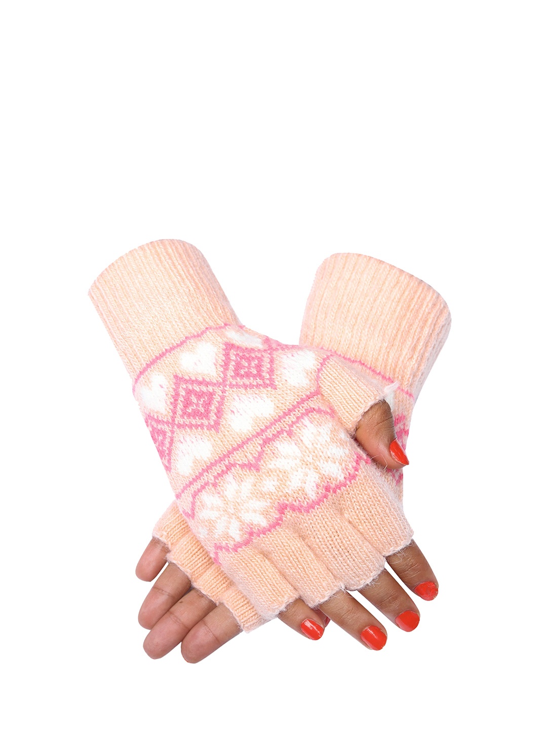 

LOOM LEGACY Acrylic Woollen Half Finger Winter Acrylic Hand Gloves, Pink