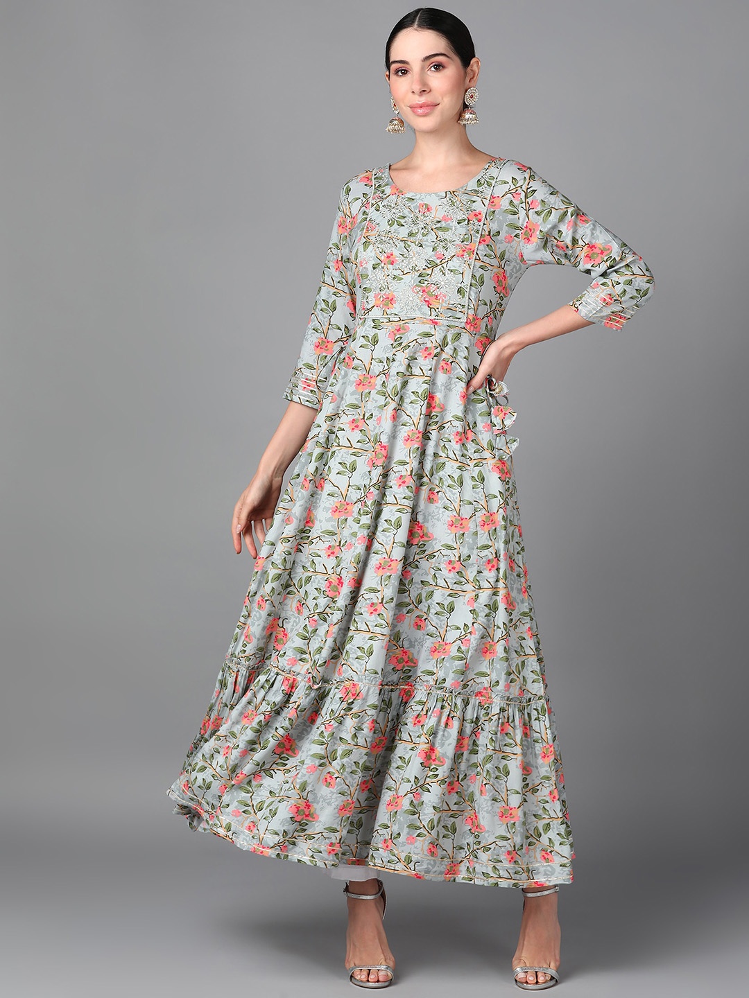 

AAYUMI Floral Printed Thread Work Anarkali Kurta, Grey