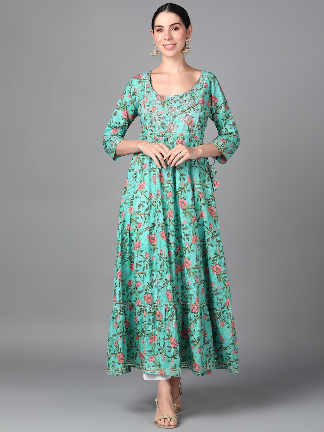 AAYUMI Floral Printed Thread Work Anarkali Kurta, Turquoise blue