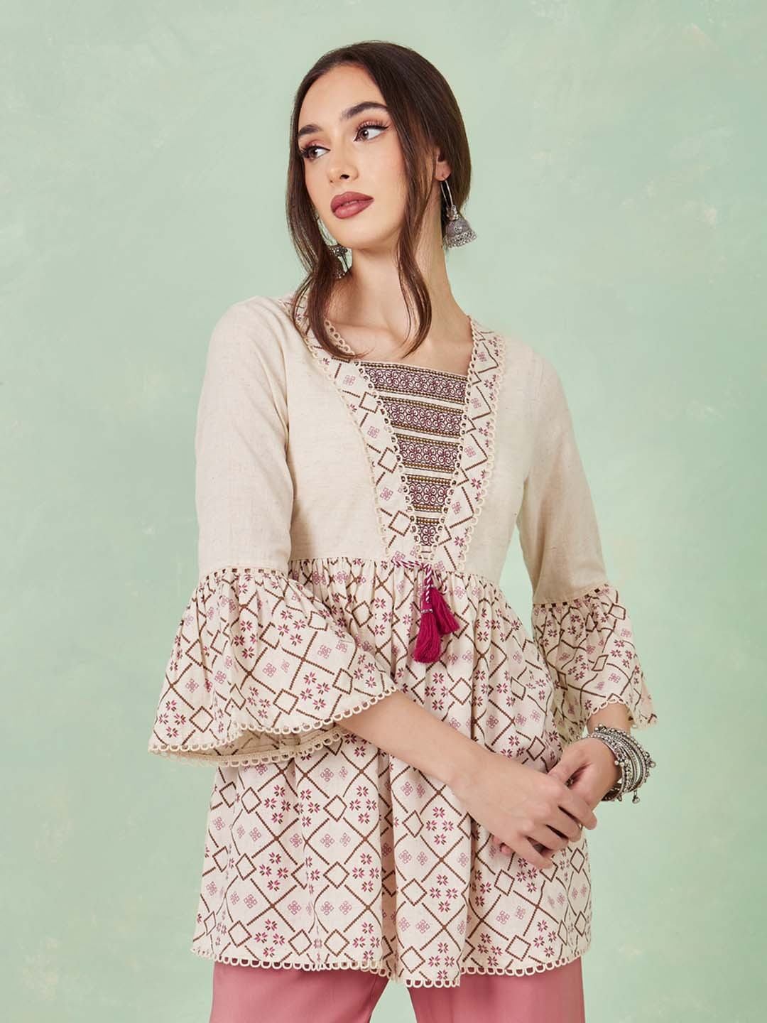 

Styli Off White Ethnic Motifs Embroidered Bell Sleeves Cotton Tunic