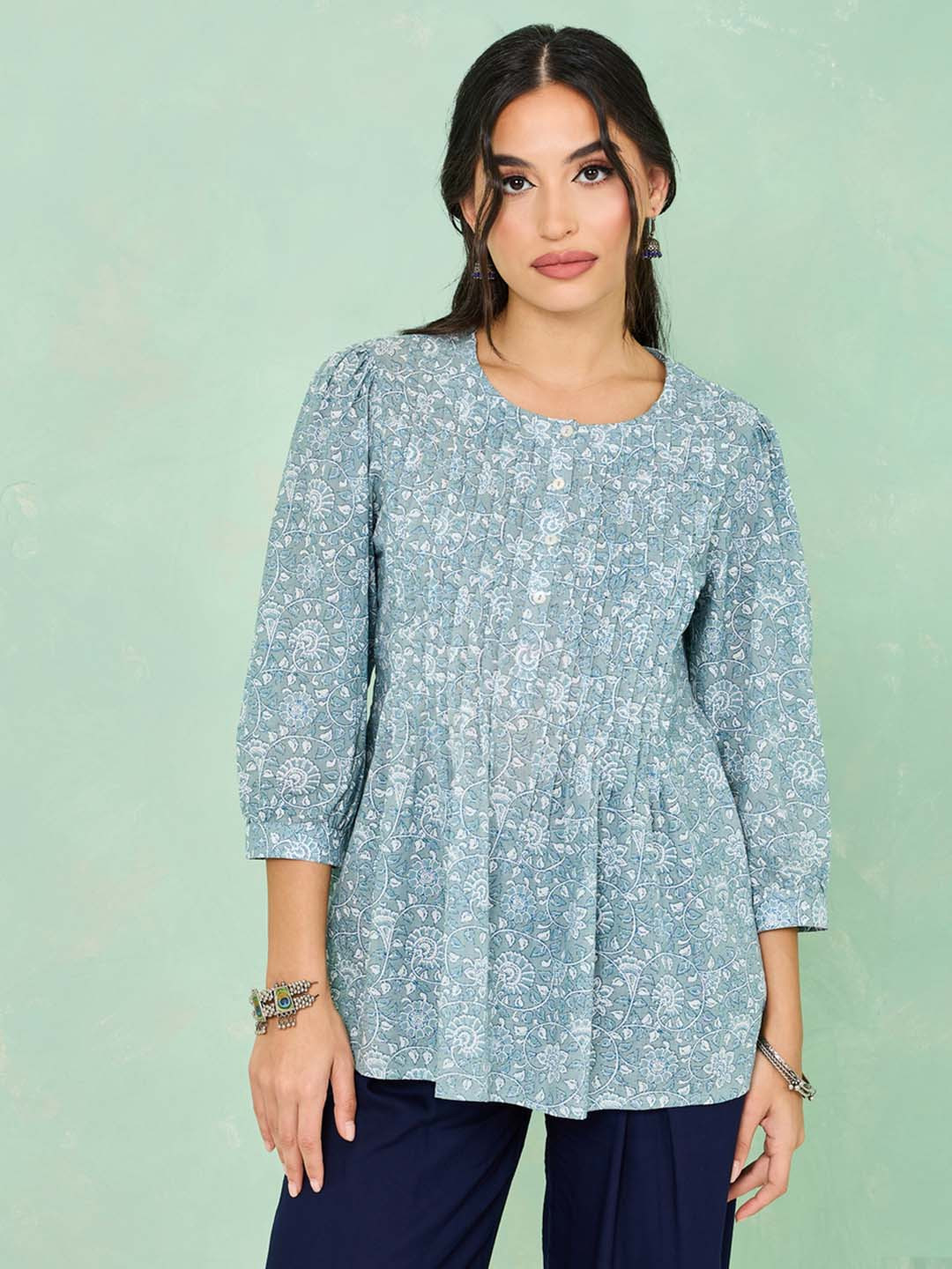

Styli Floral Printed Cotton Tunic, Blue