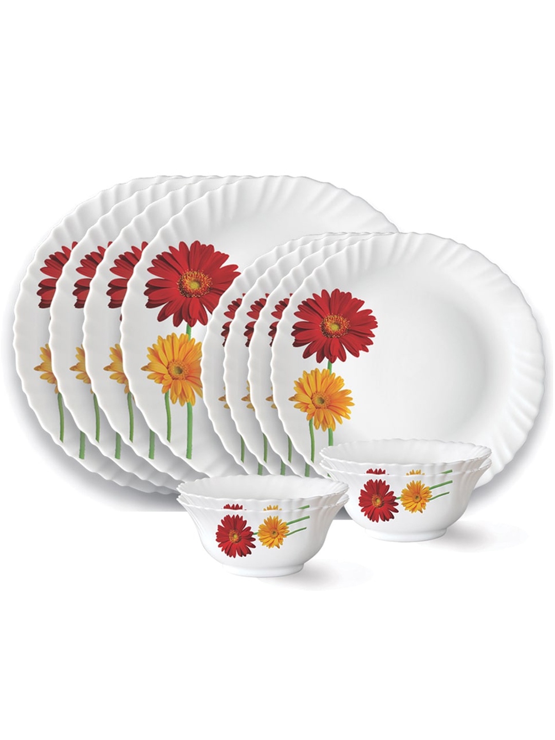 

Larah by BOROSIL Fluted Zinnia White & Red 12 Pieces Printed Opalware Matte Dinner Set