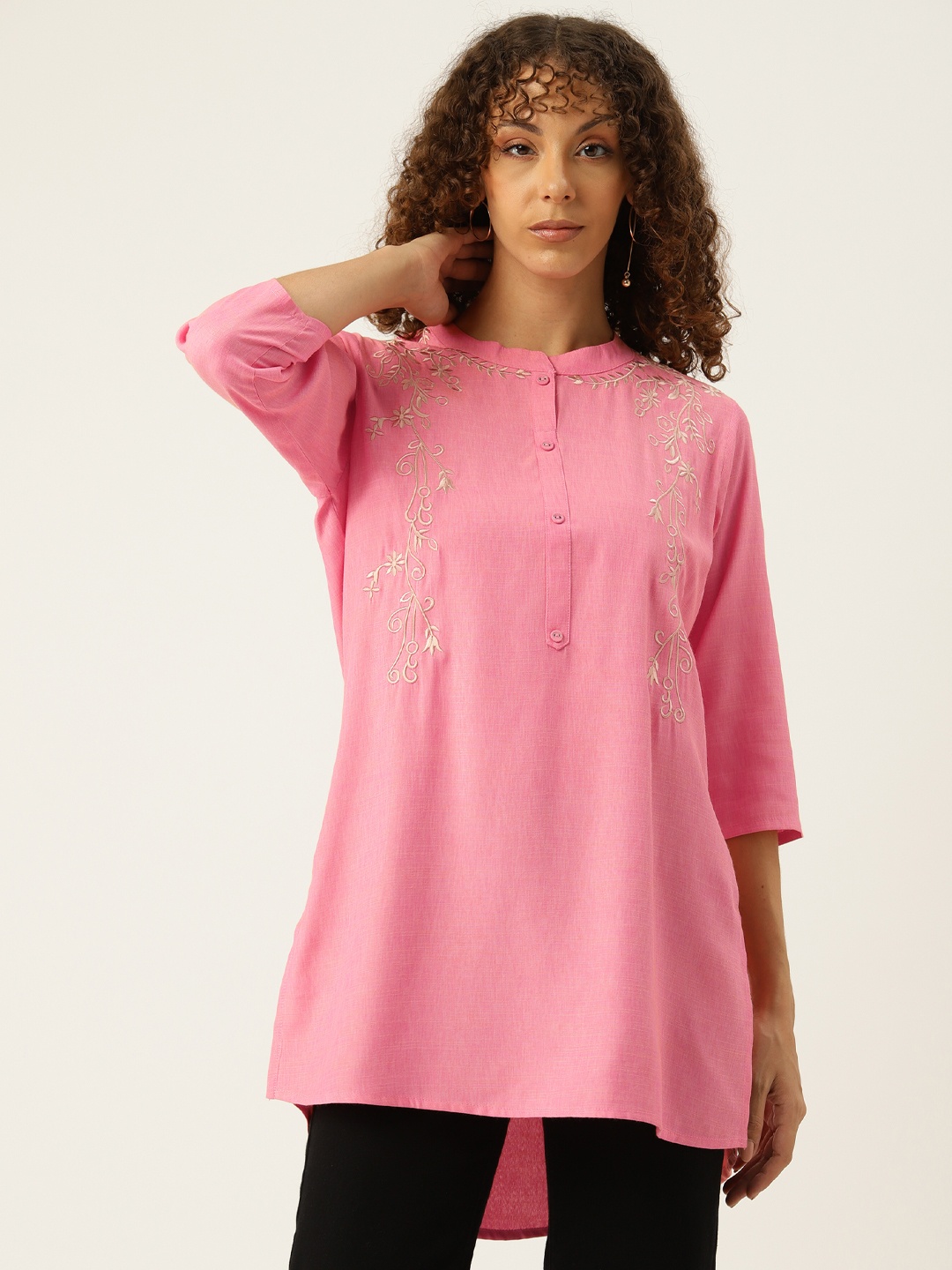

Rue Collection Floral Embroidered Thread Work Pure Cotton Kurti, Pink