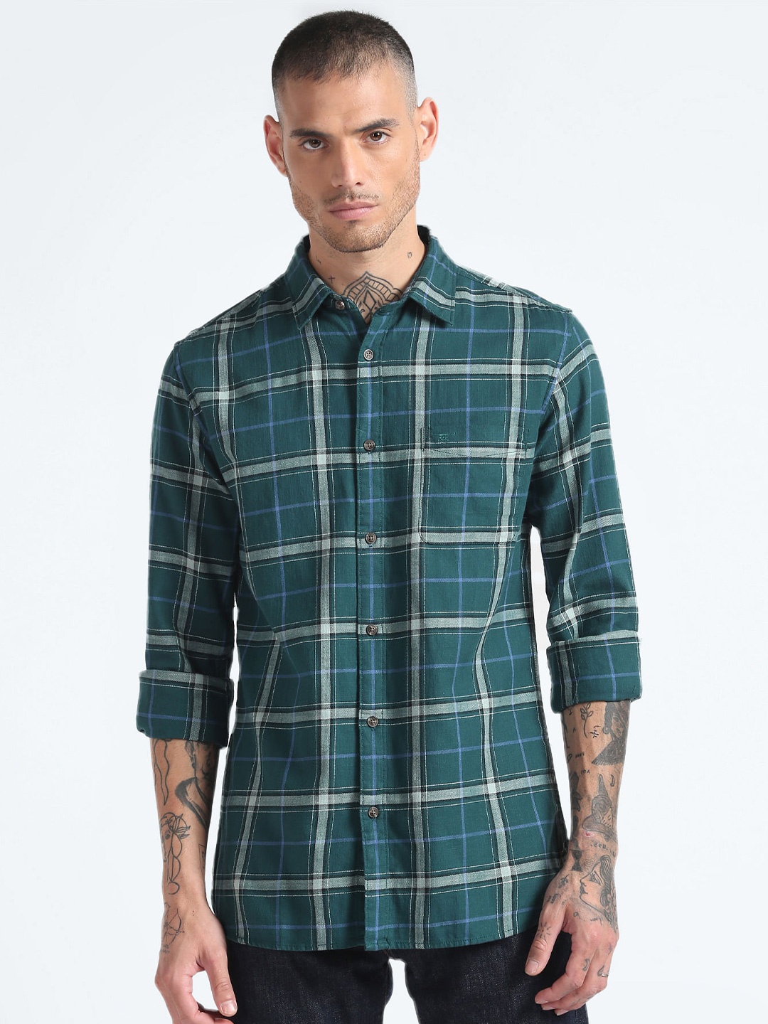 

Flying Machine Spread Collar Slim Fit Tartan Checked Casual Shirt, Green