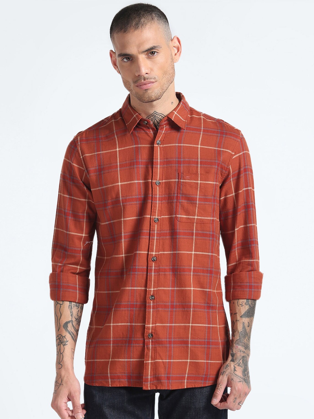 

Flying Machine Slim Fit Windowpane Checked Twill Casual Cotton Shirt, Rust