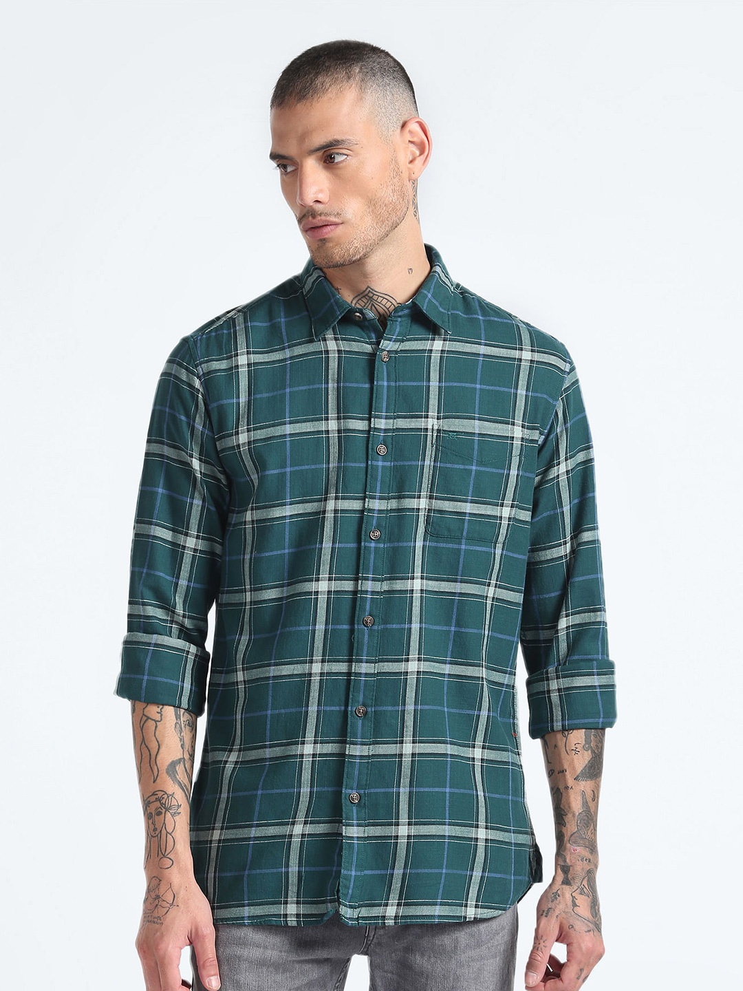 

Flying Machine Slim Fit Windowpane Checked Twill Casual Cotton Shirt, Green