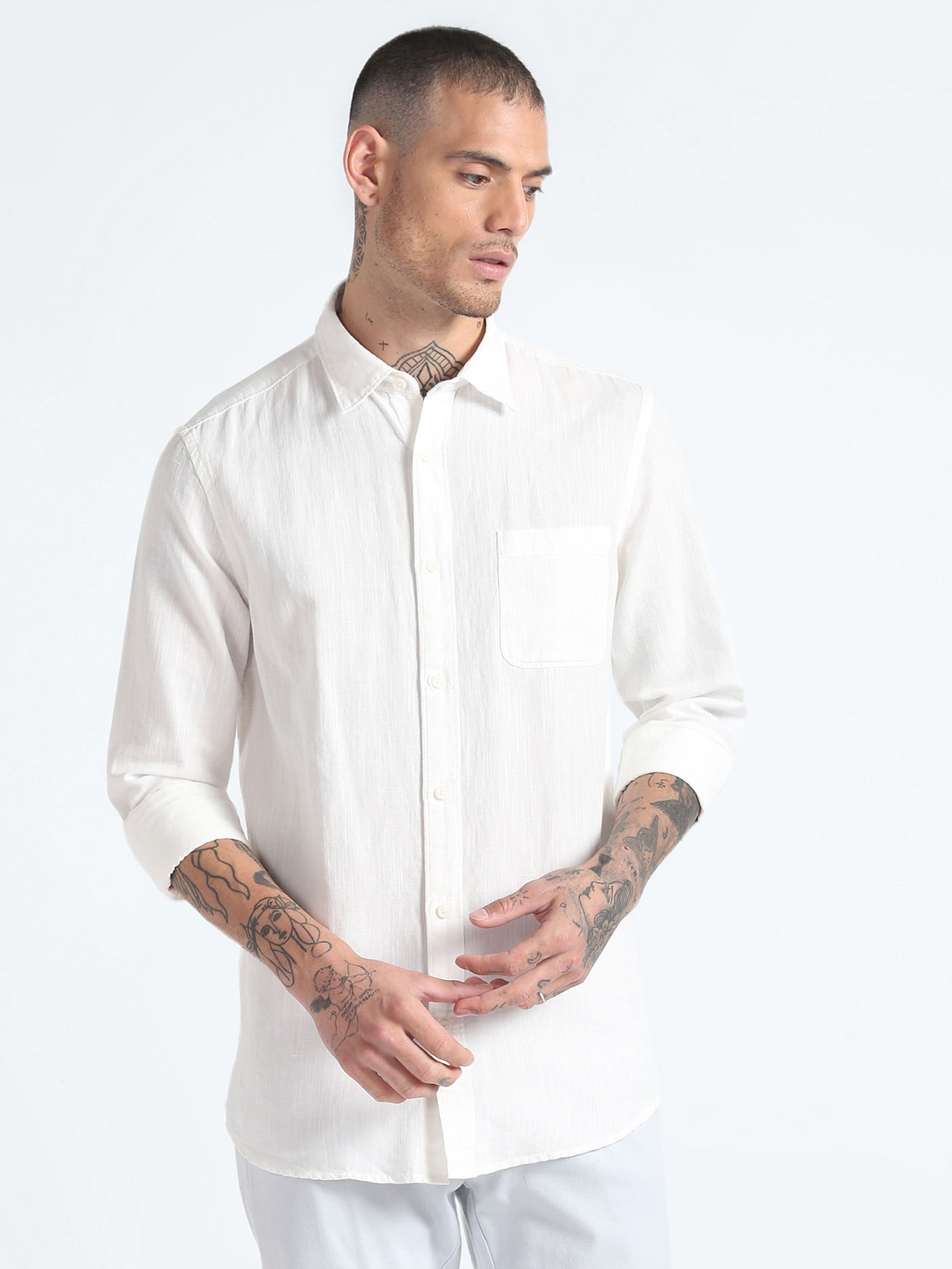 

Flying Machine Slim Fit Cotton Linen Casual Shirt, White