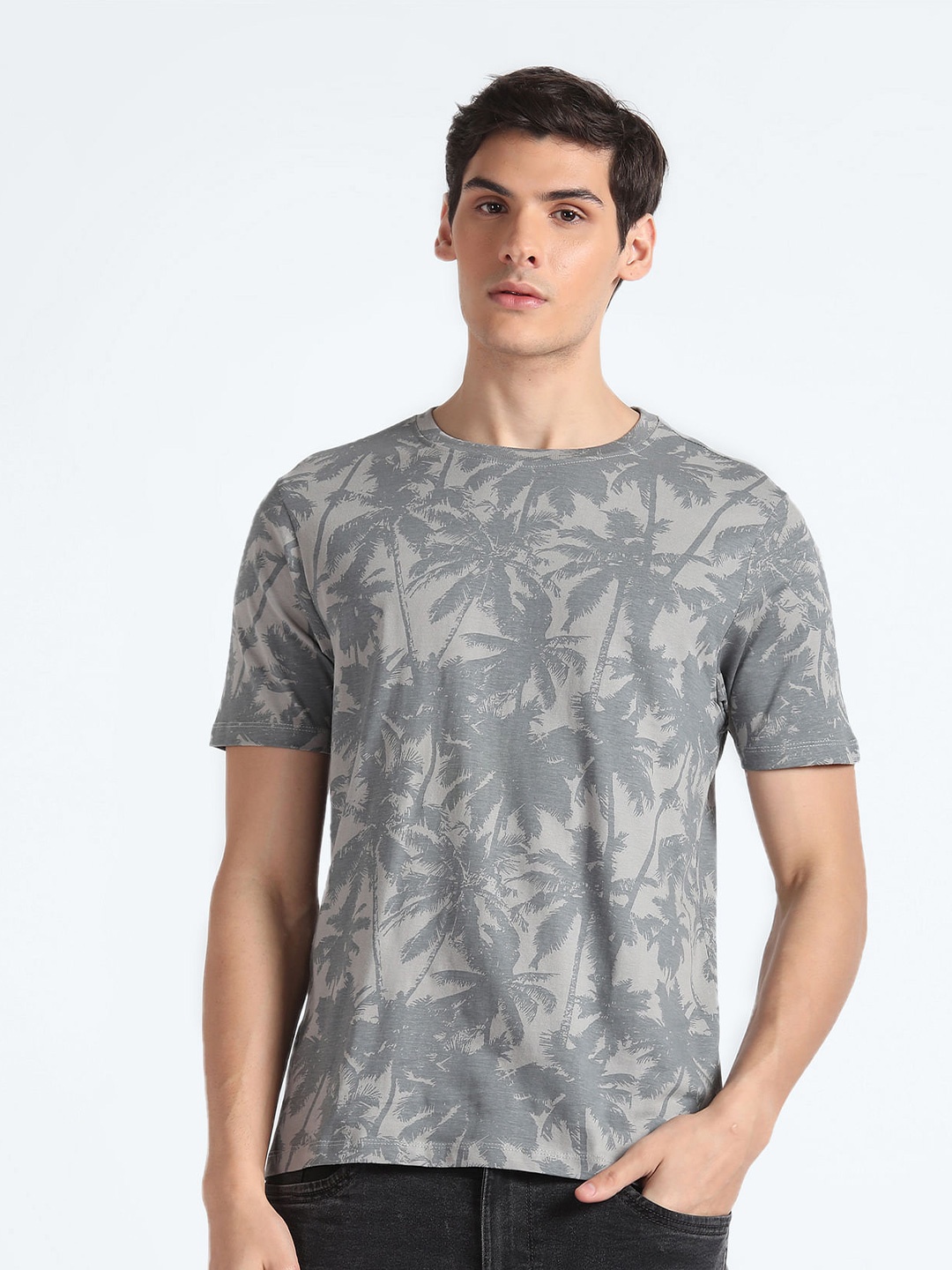 

Flying Machine Tropical Printed Slim Fit Pure Cotton T-shirt, Grey