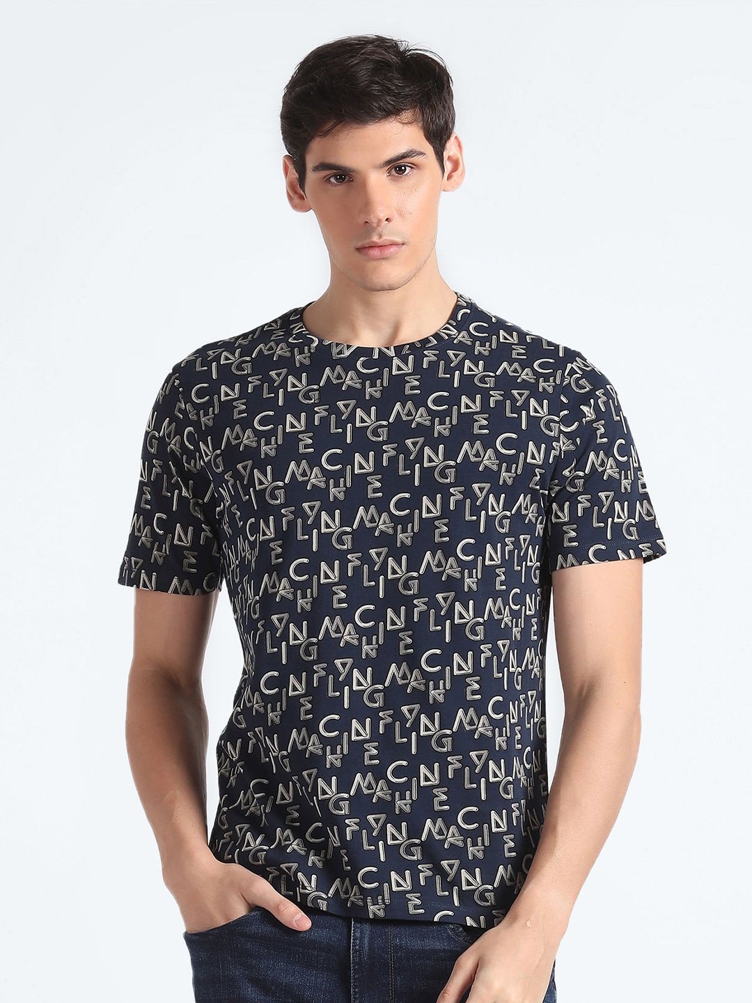 

Flying Machine Typography Printed Pure Cotton Round Neck Slim Fit T-Shirt, Black