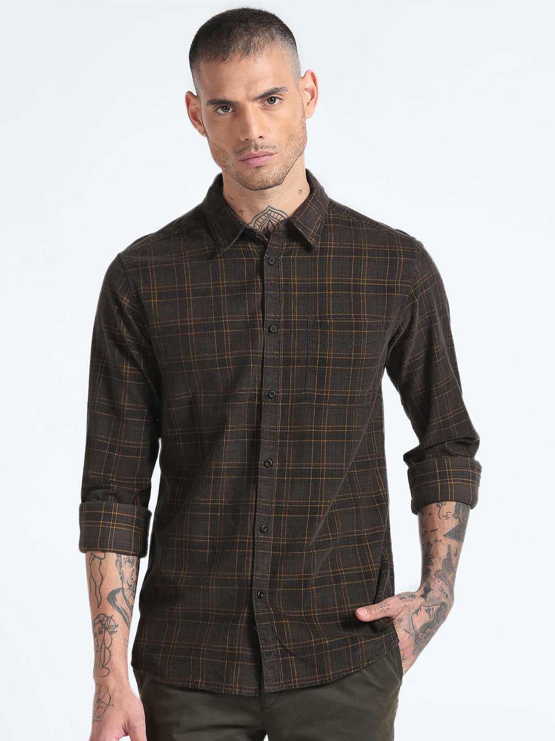 

Flying Machine Slim Fit Tartan Checked Corduroy Pure Cotton Casual Shirt, Green