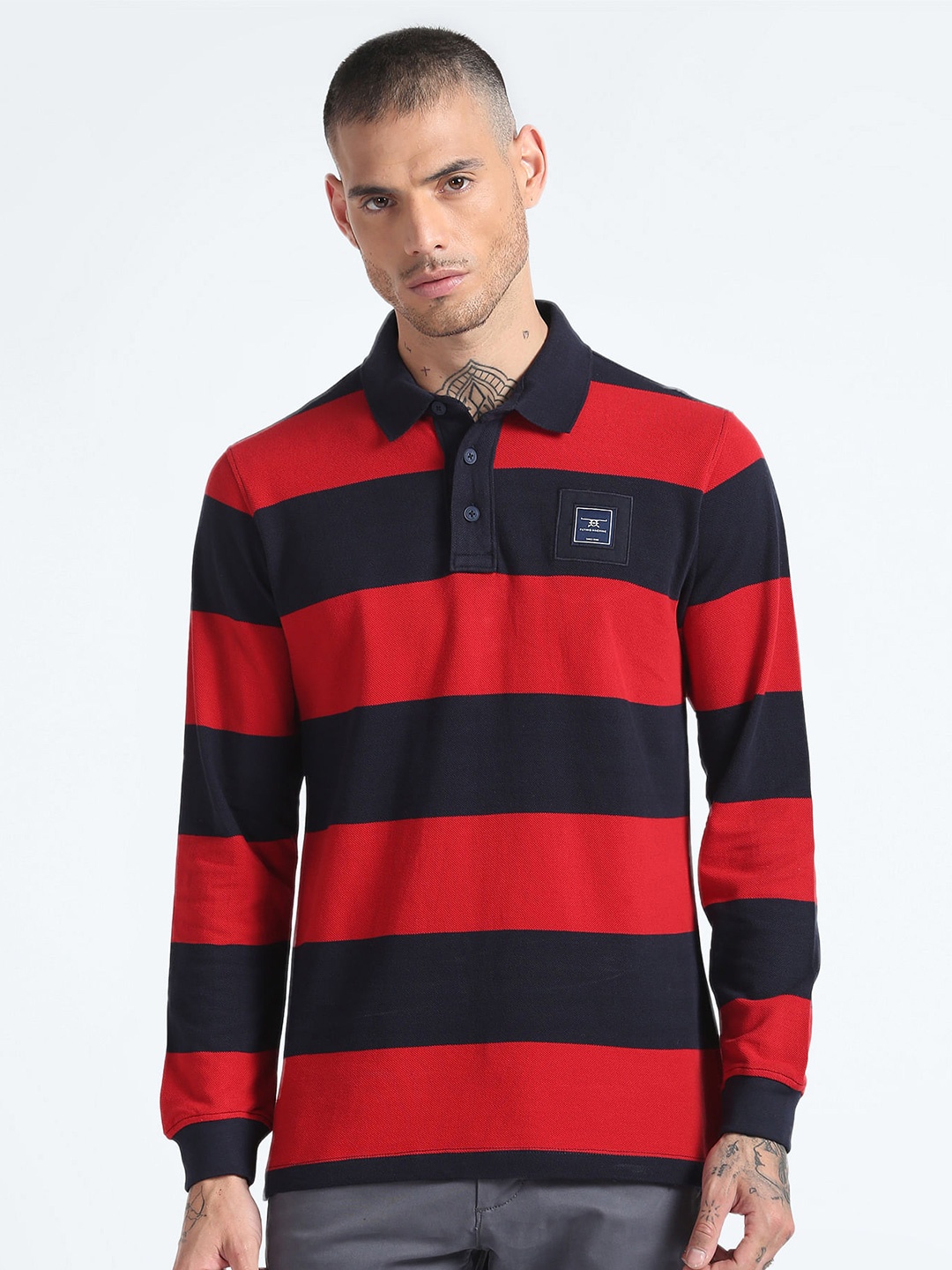 

Flying Machine Striped Pure Cotton Polo Collar T-Shirt, Red