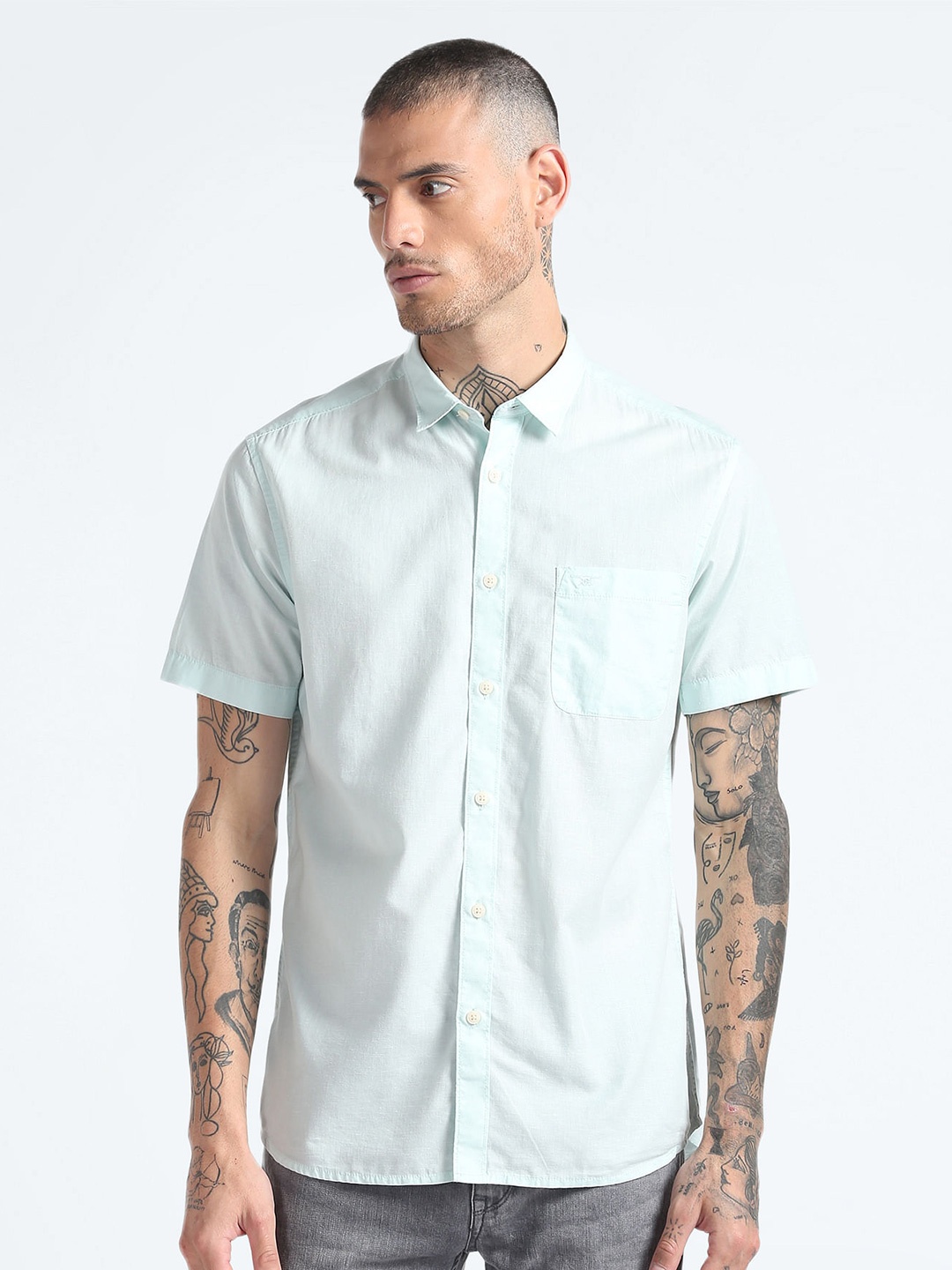 

Flying Machine Spread Collar Slim Fit Opaque Cotton Casual Shirt, Green