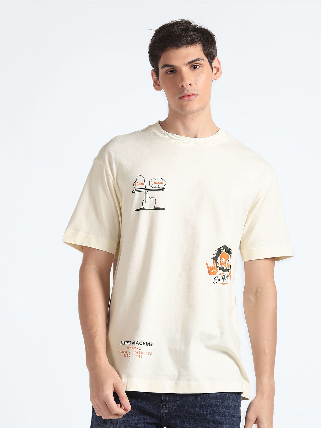 

Flying Machine Graphic Printed Round Neck Pure Cotton Oversized T-shirt, White